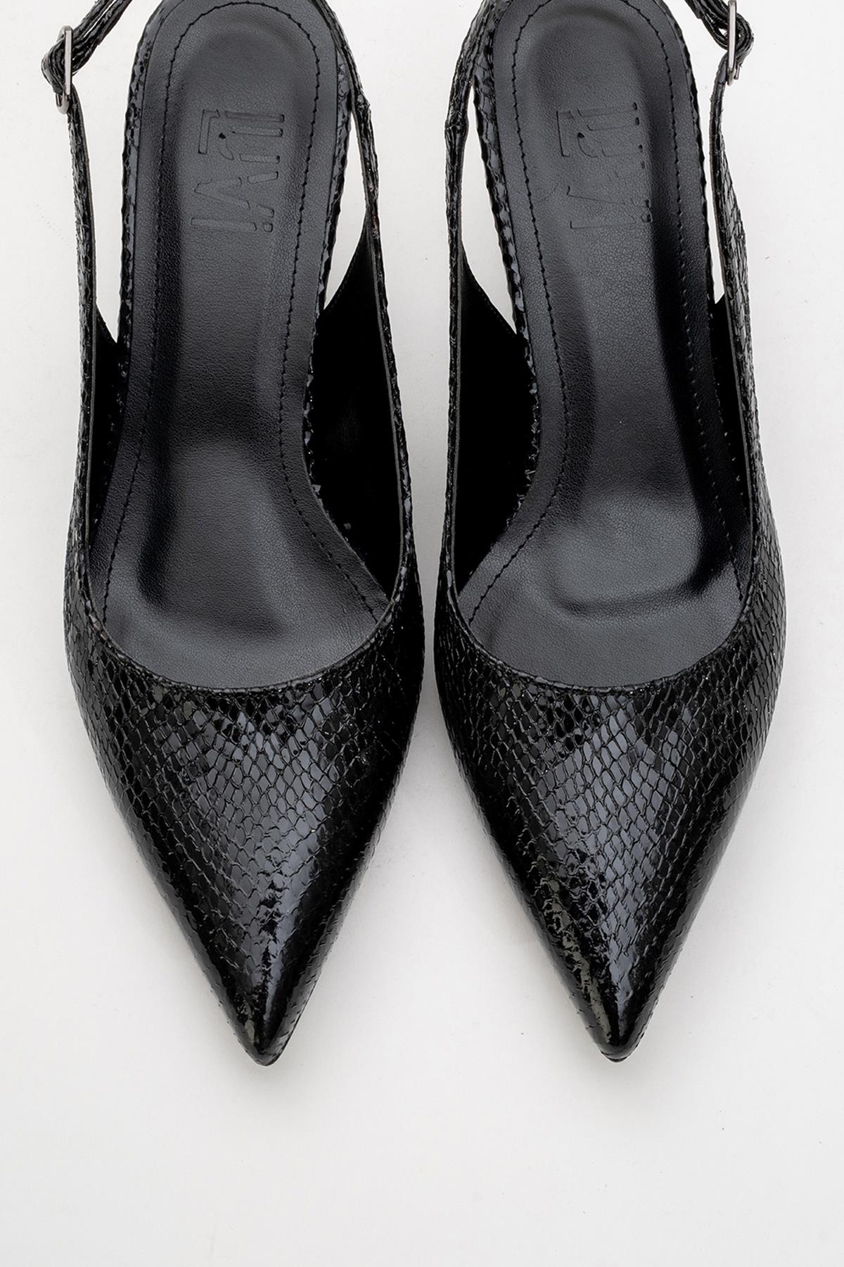 Value - Black Patterned Heeled Shoe – side view showing leather, black, SimmiUnique