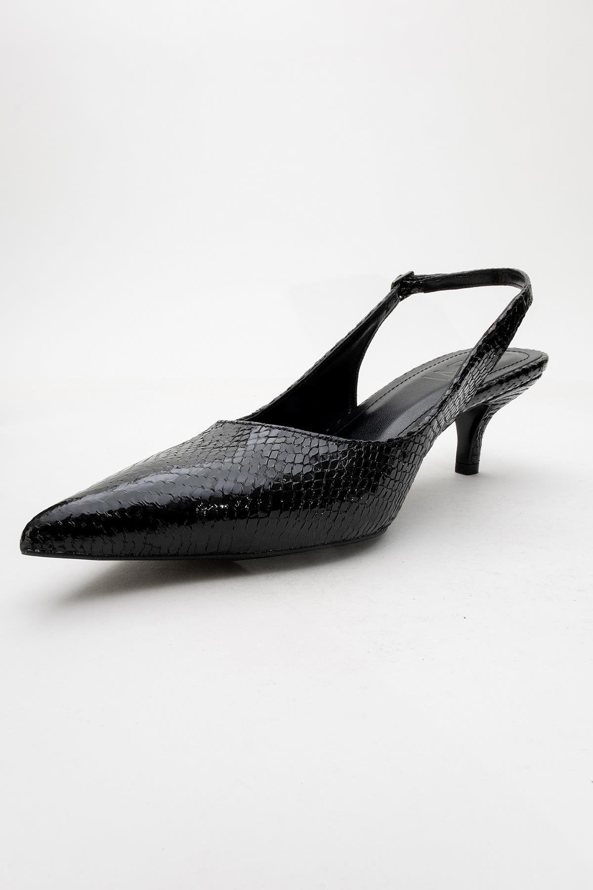 Value - Black Patterned Heeled Shoe – detail view showing leather, black, SimmiUnique