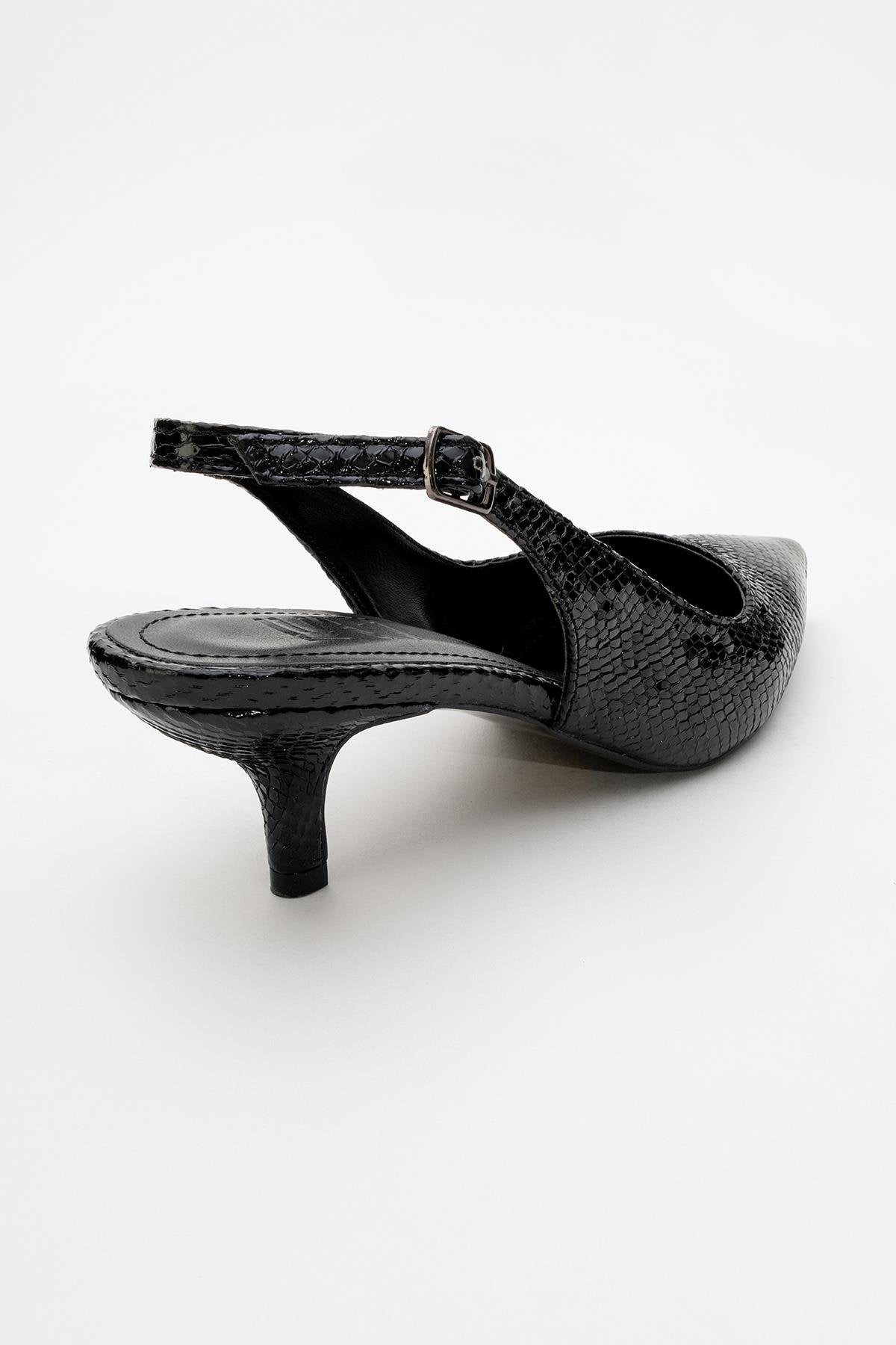 Value - Black Patterned Heeled Shoe – heel view showing leather, black, SimmiUnique