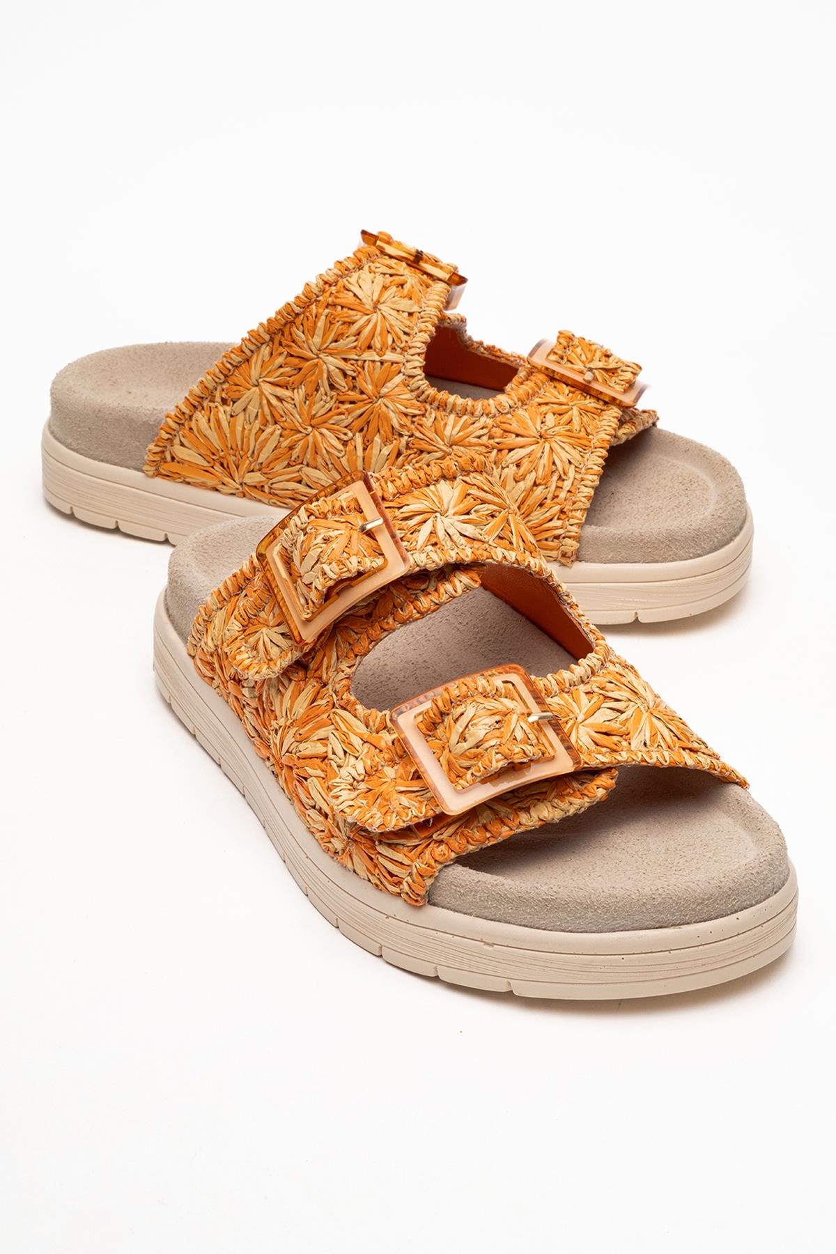 Milana Orange Leather Double‑Strap Slide – front three-quarter view showing leather, red, SimmiUnique