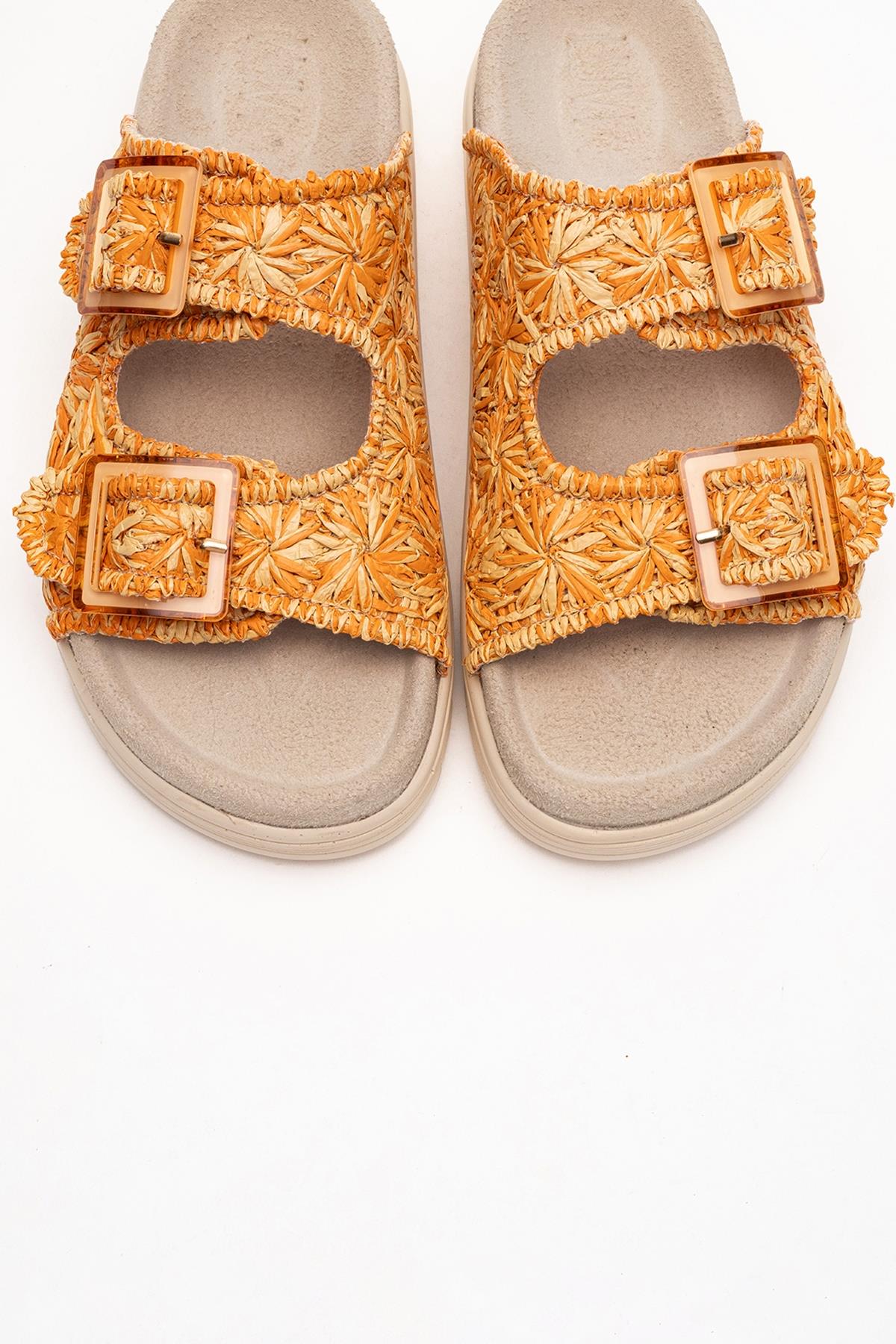 Milana Orange Leather Double‑Strap Slide – side view showing leather, red, SimmiUnique