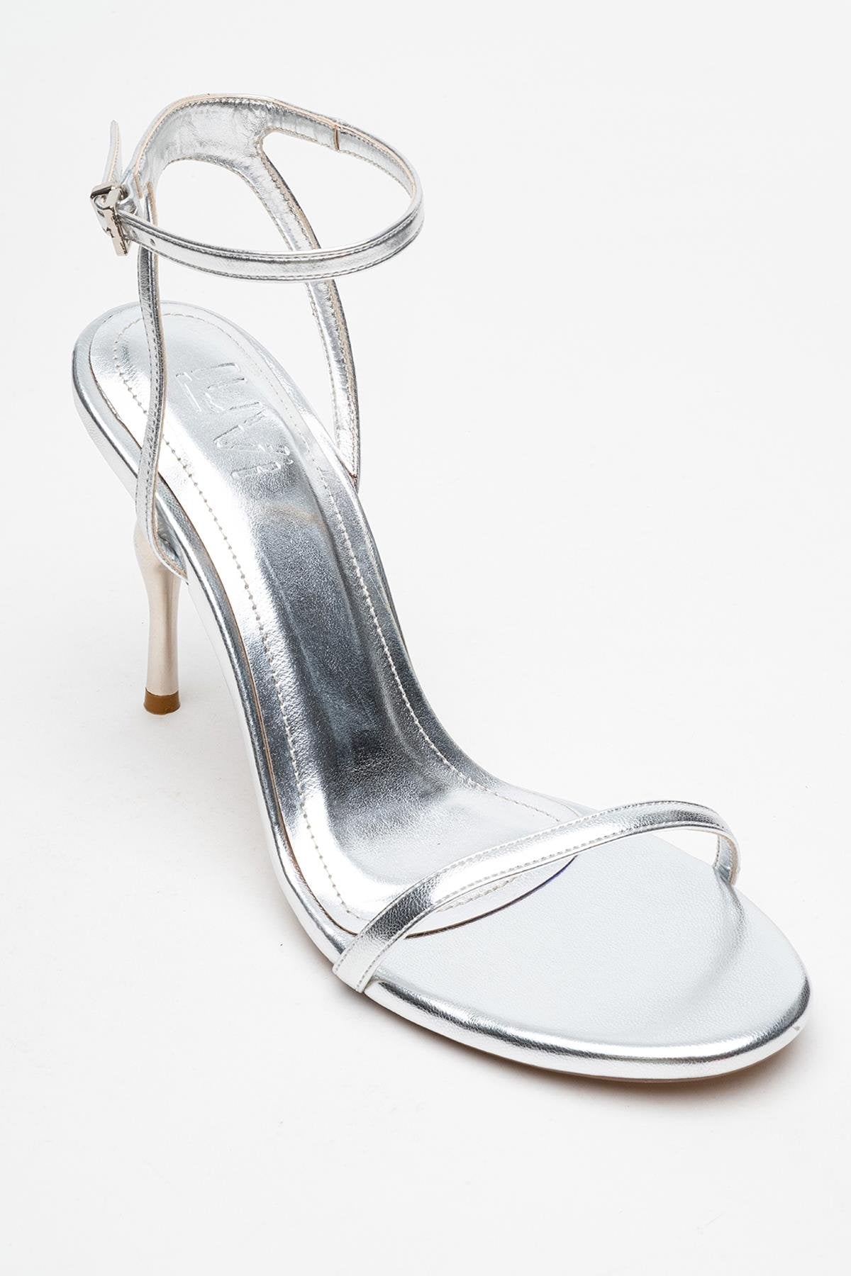 Jasmin - Silver Single-Strap Heeled Shoe – detail view showing leather, silver, SimmiUnique