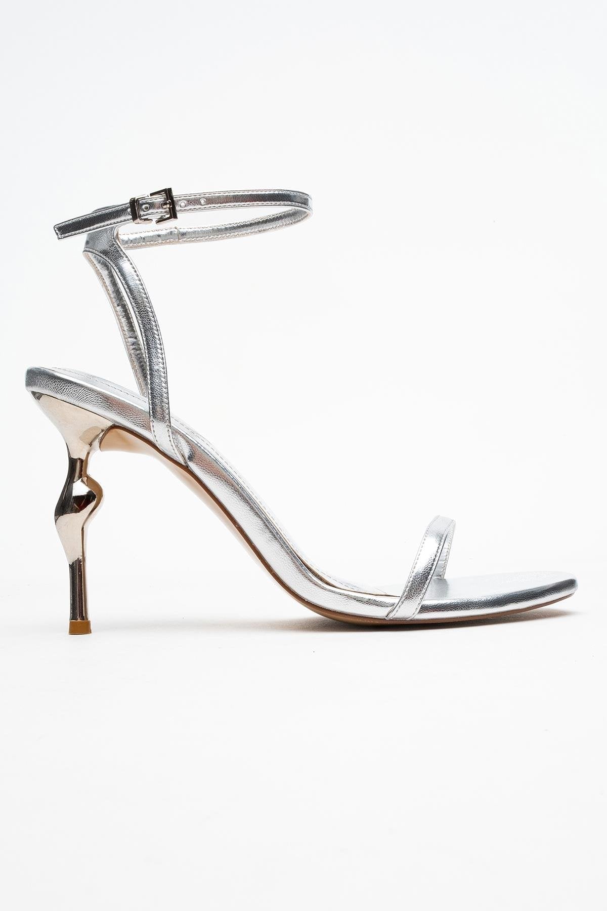 Jasmin - Silver Single-Strap Heeled Shoe – top view showing leather, silver, SimmiUnique