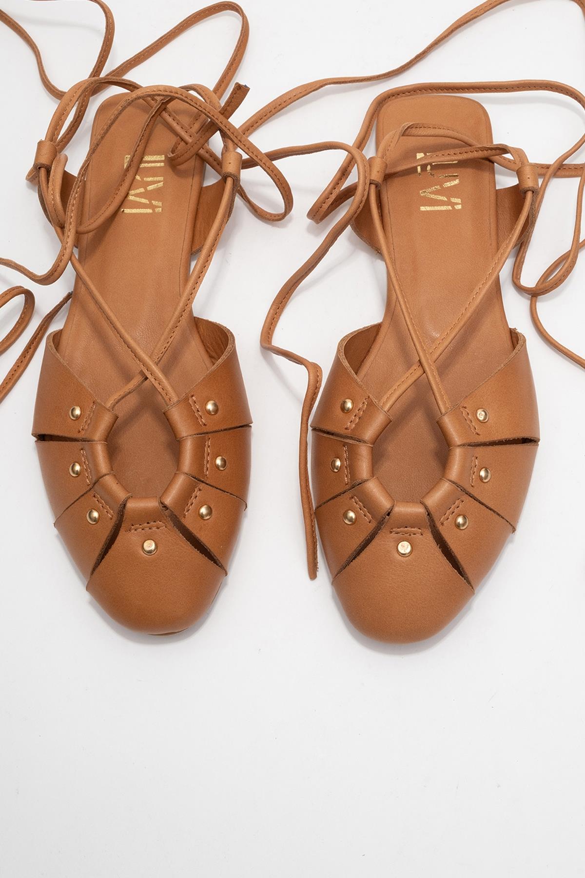 Daria - Cognac Genuine Leather Ankle Lace-Up Sandal – side view showing lace, leather, SimmiUnique
