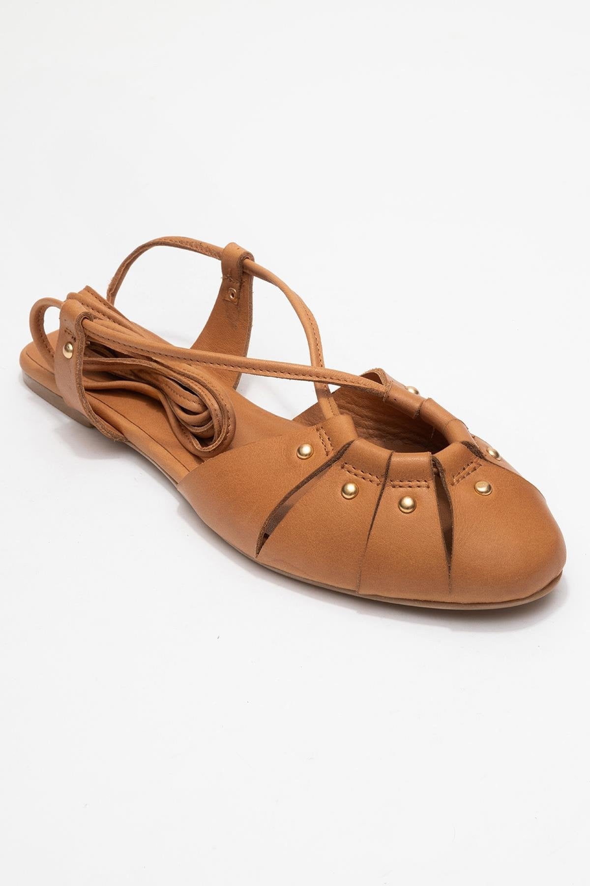 Daria - Cognac Genuine Leather Ankle Lace-Up Sandal – detail view showing lace, leather, SimmiUnique