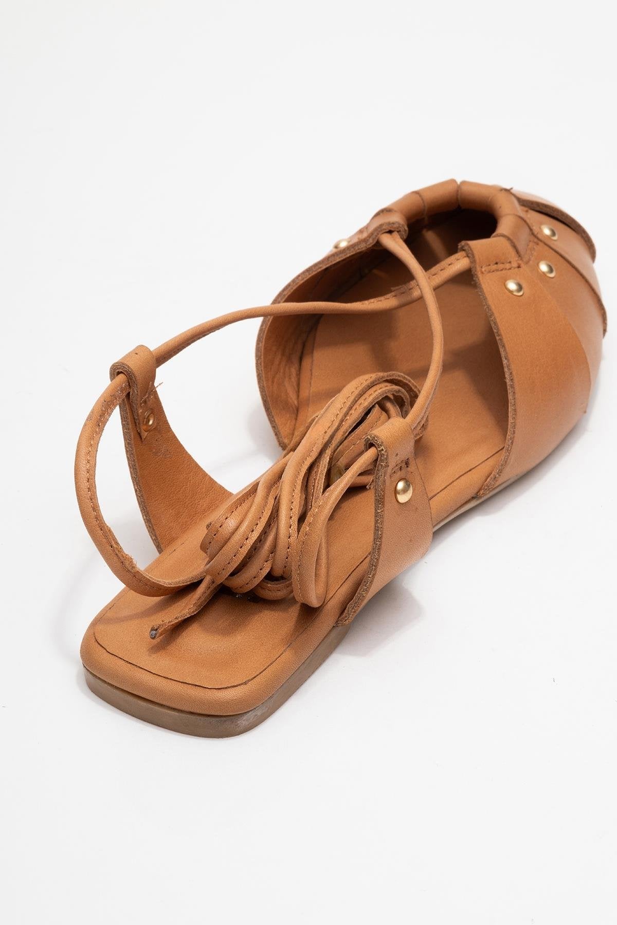 Daria - Cognac Genuine Leather Ankle Lace-Up Sandal – back view showing lace, leather, SimmiUnique