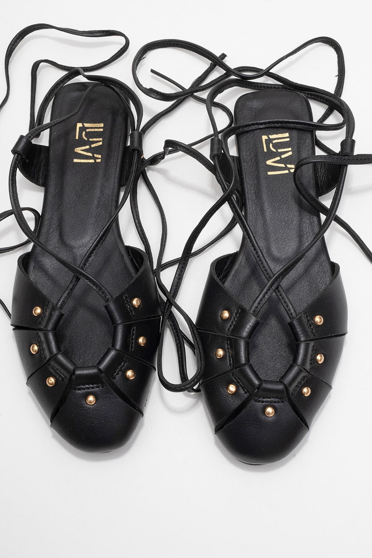 Daria - Black Genuine Leather Studded Ankle-Lace Sandal – side view showing lace, leather, metallic, SimmiUnique