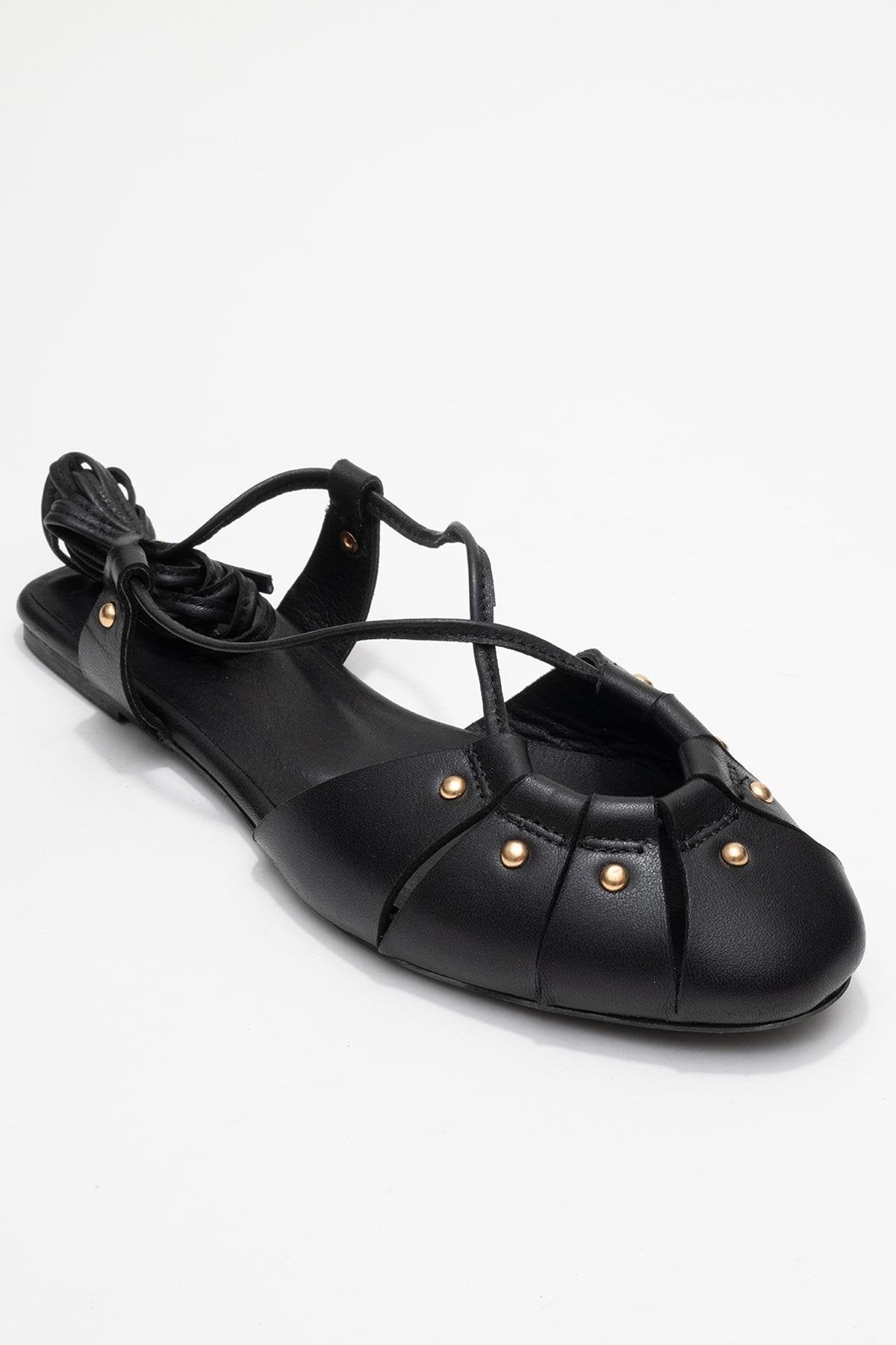 Daria - Black Genuine Leather Studded Ankle-Lace Sandal – detail view showing lace, leather, metallic, SimmiUnique