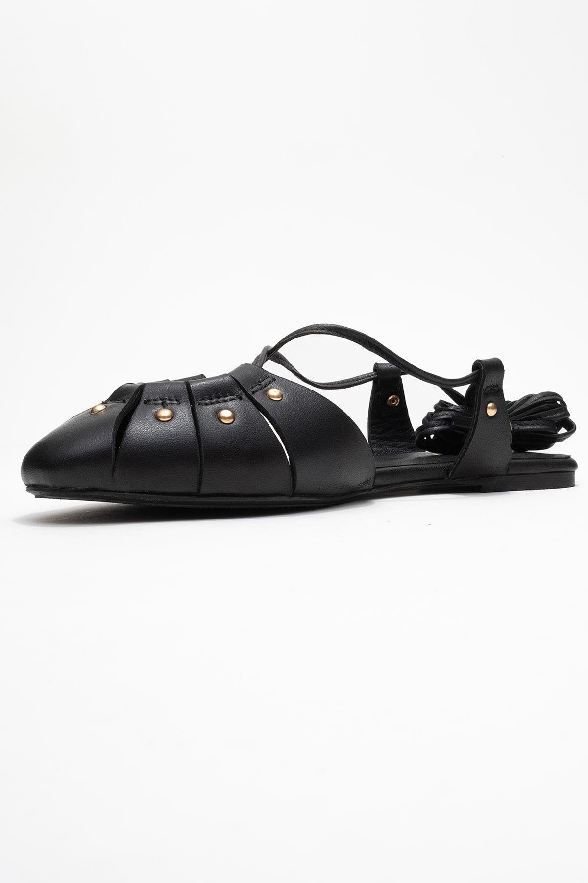 Daria - Black Genuine Leather Studded Ankle-Lace Sandal – heel view showing lace, leather, metallic, SimmiUnique
