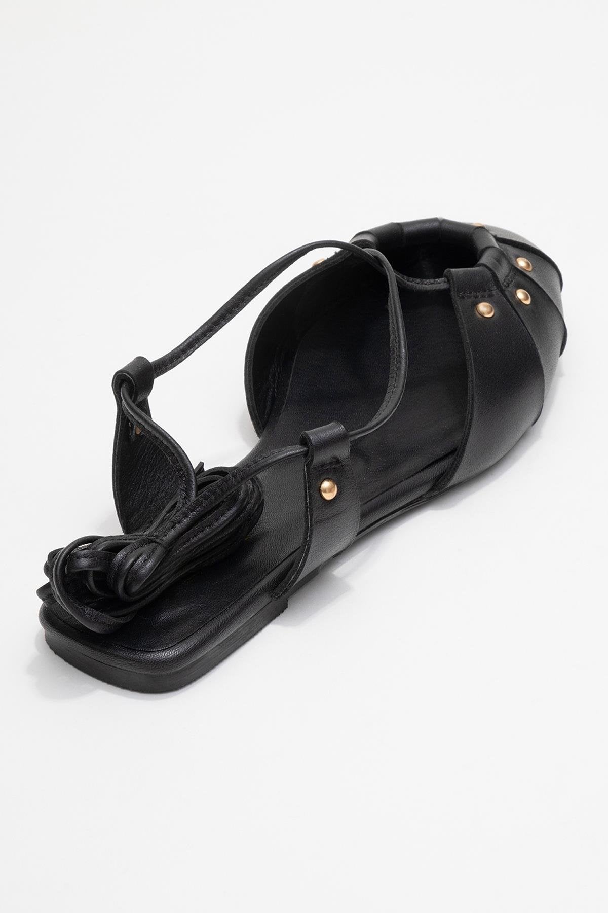 Daria - Black Genuine Leather Studded Ankle-Lace Sandal – back view showing lace, leather, metallic, SimmiUnique