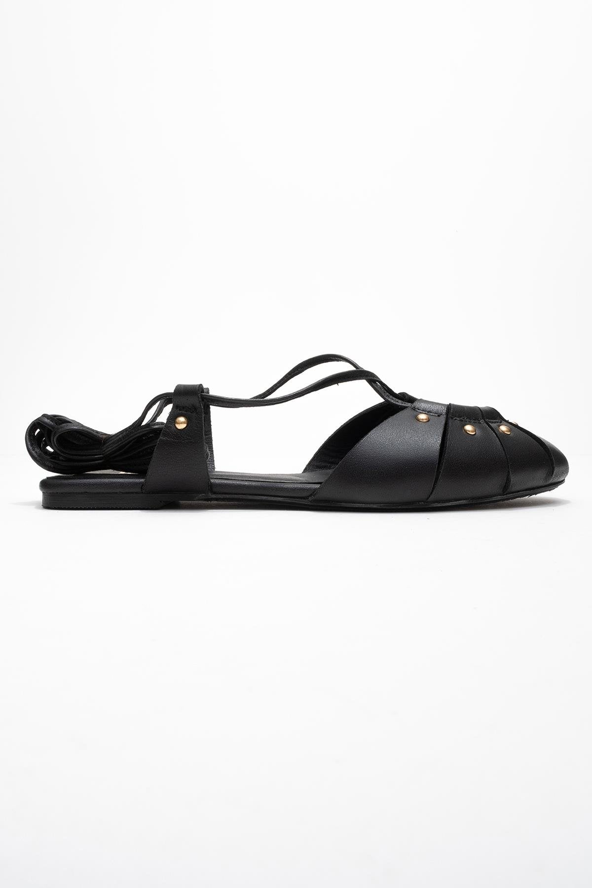 Daria - Black Genuine Leather Studded Ankle-Lace Sandal – top view showing lace, leather, metallic, SimmiUnique