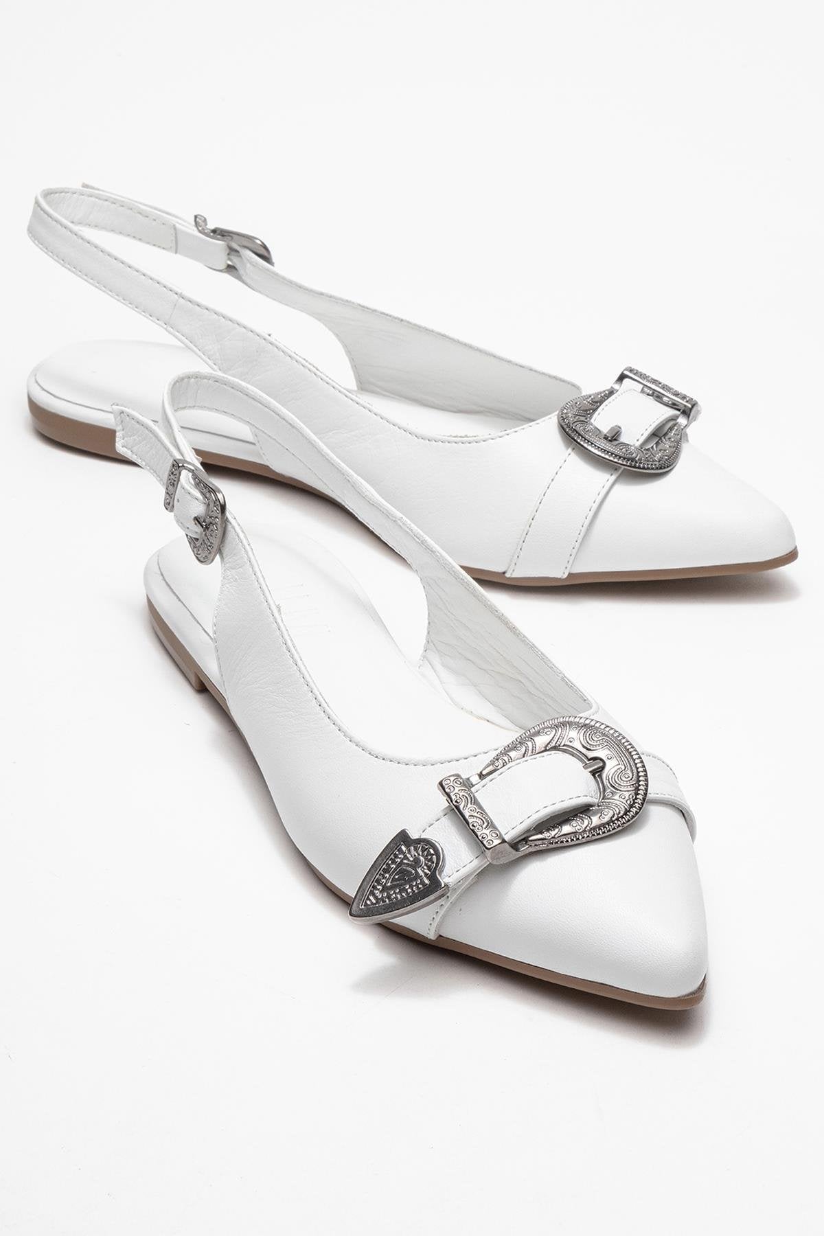 Dorothy - White Genuine Leather Pointed-Toe Buckle Sandal – front three-quarter view showing leather, white, red, SimmiUnique