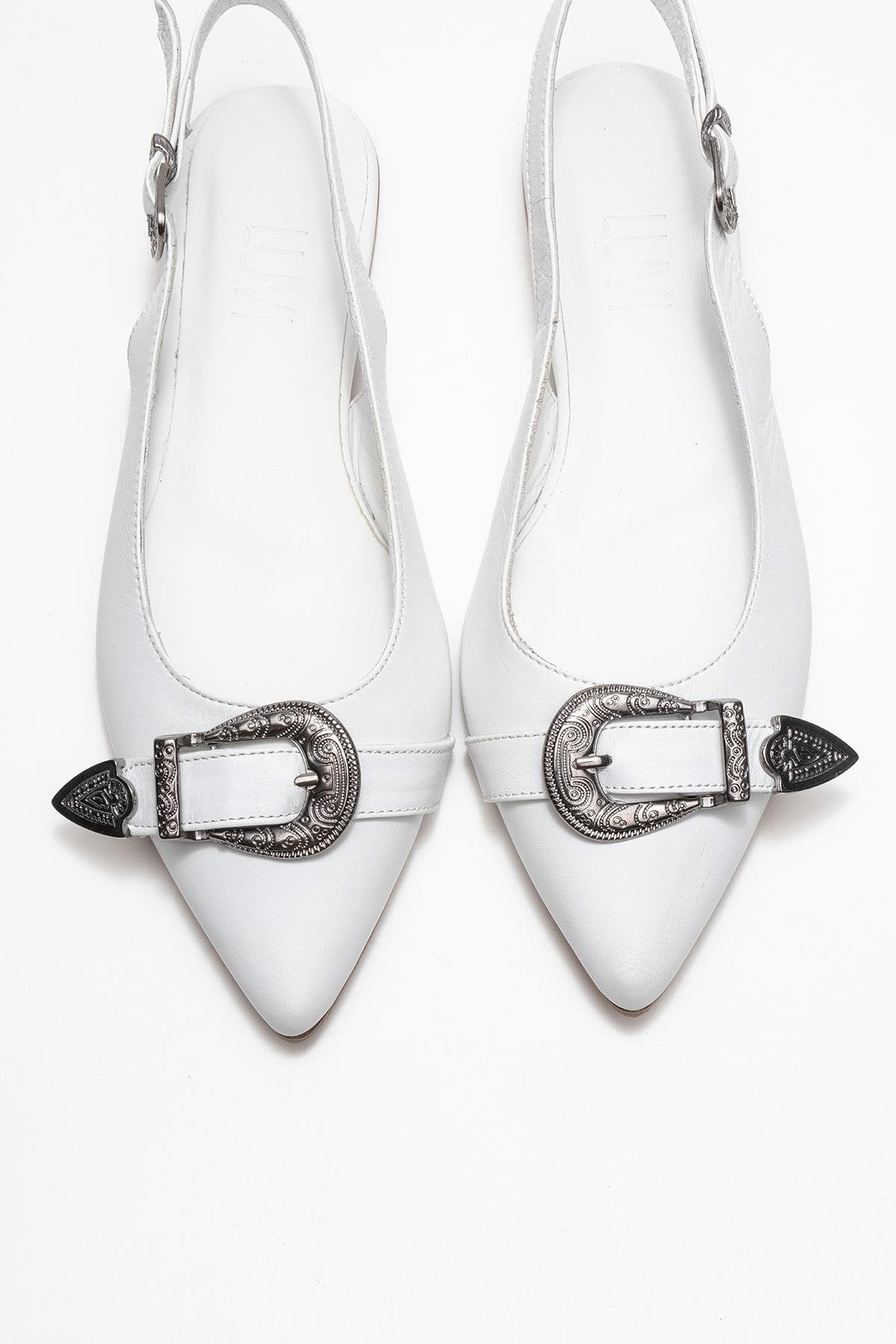 Dorothy - White Genuine Leather Pointed-Toe Buckle Sandal – side view showing leather, white, red, SimmiUnique