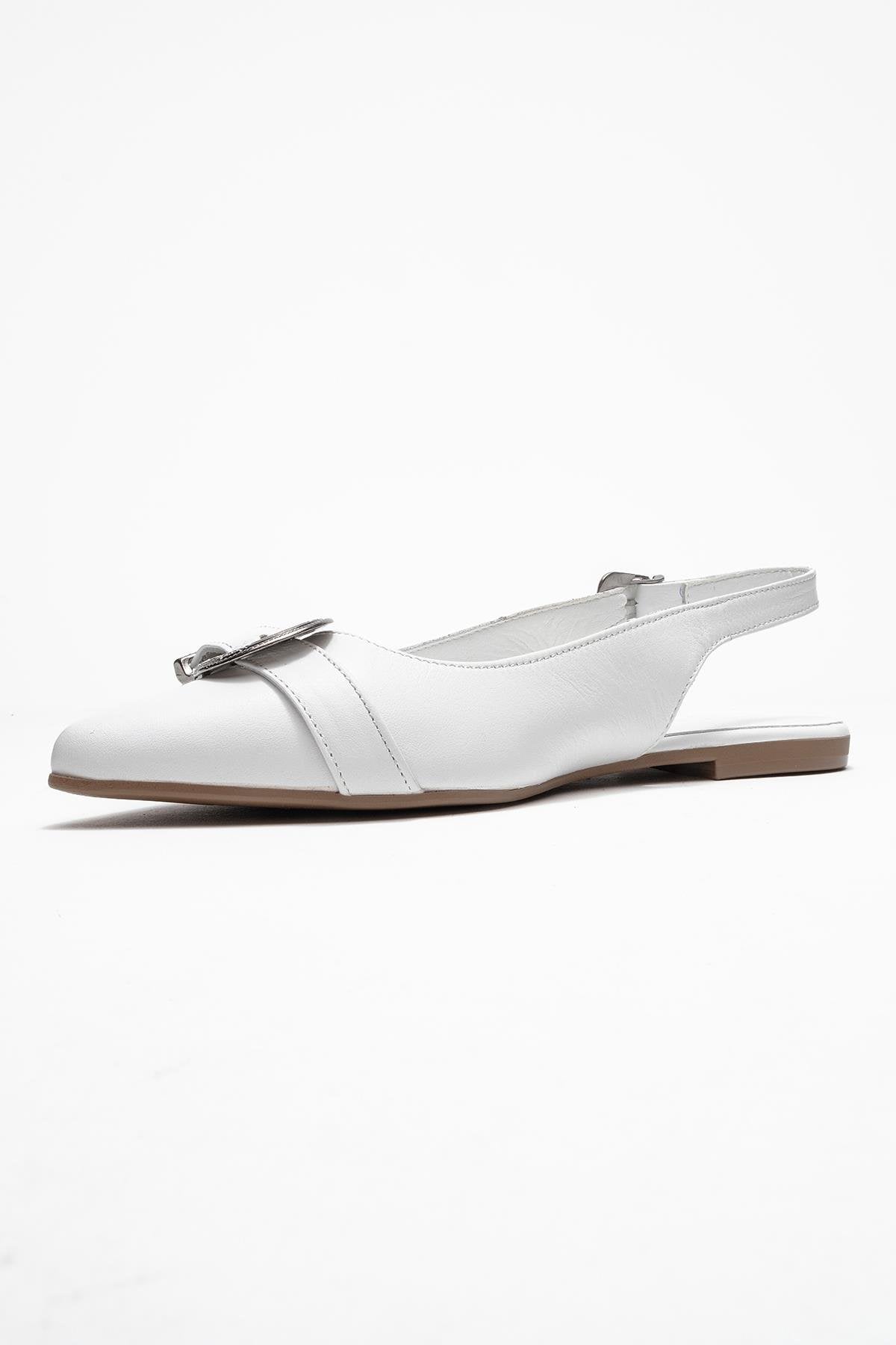 Dorothy - White Genuine Leather Pointed-Toe Buckle Sandal – heel view showing leather, white, red, SimmiUnique