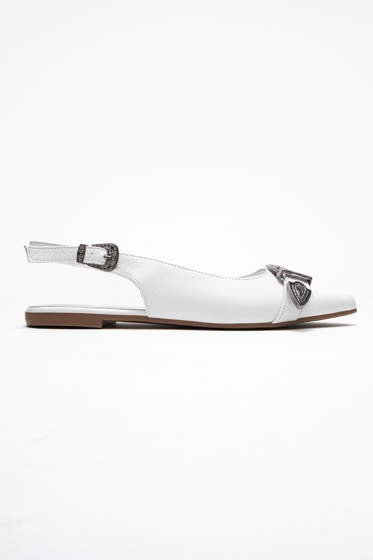 Dorothy - White Genuine Leather Pointed-Toe Buckle Sandal – top view showing leather, white, red, SimmiUnique
