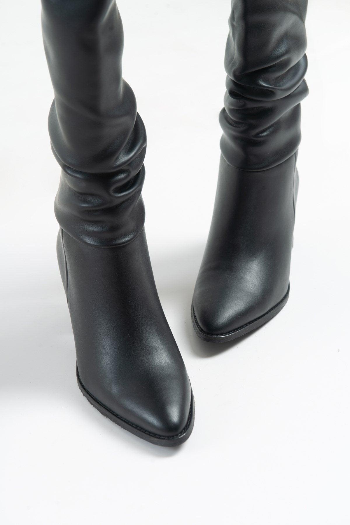 120 - Black Gusseted Block Heel Boot – back view showing leather, black, SimmiUnique