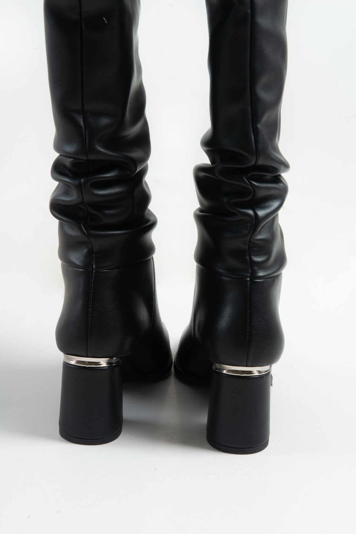 120 - Black Gusseted Block Heel Boot – sole view showing leather, black, SimmiUnique