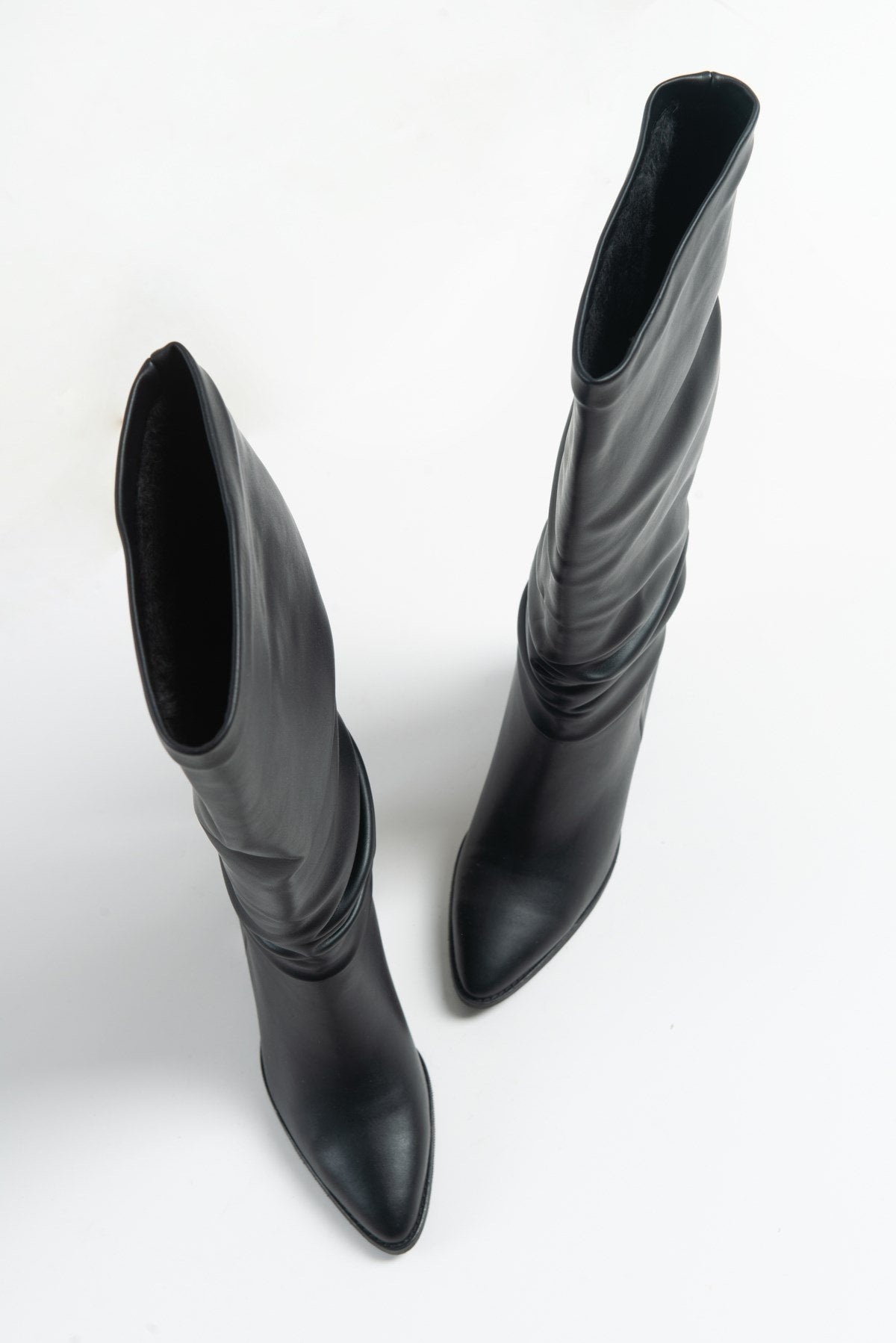 120 - Black Gusseted Block Heel Boot – pair view showing leather, black, SimmiUnique