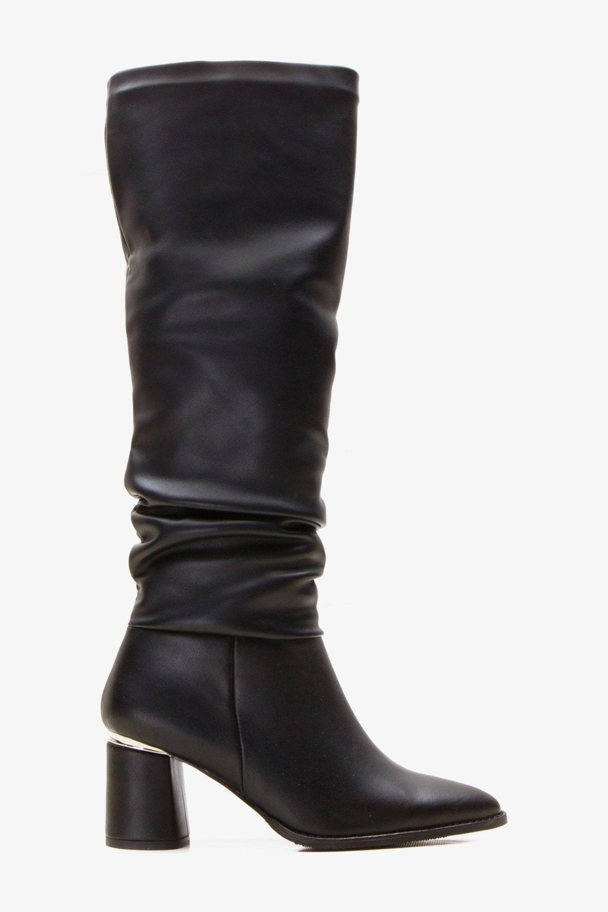 120 - Black Gusseted Block Heel Boot – product view 9 showing leather, black, SimmiUnique