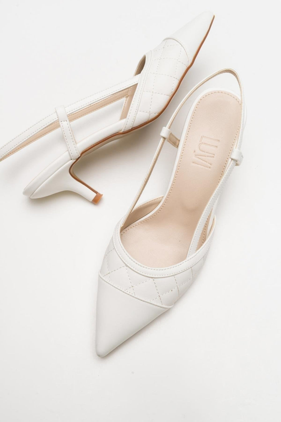 Goodge - White Pointed Toe Backless Kitten Heel Pump