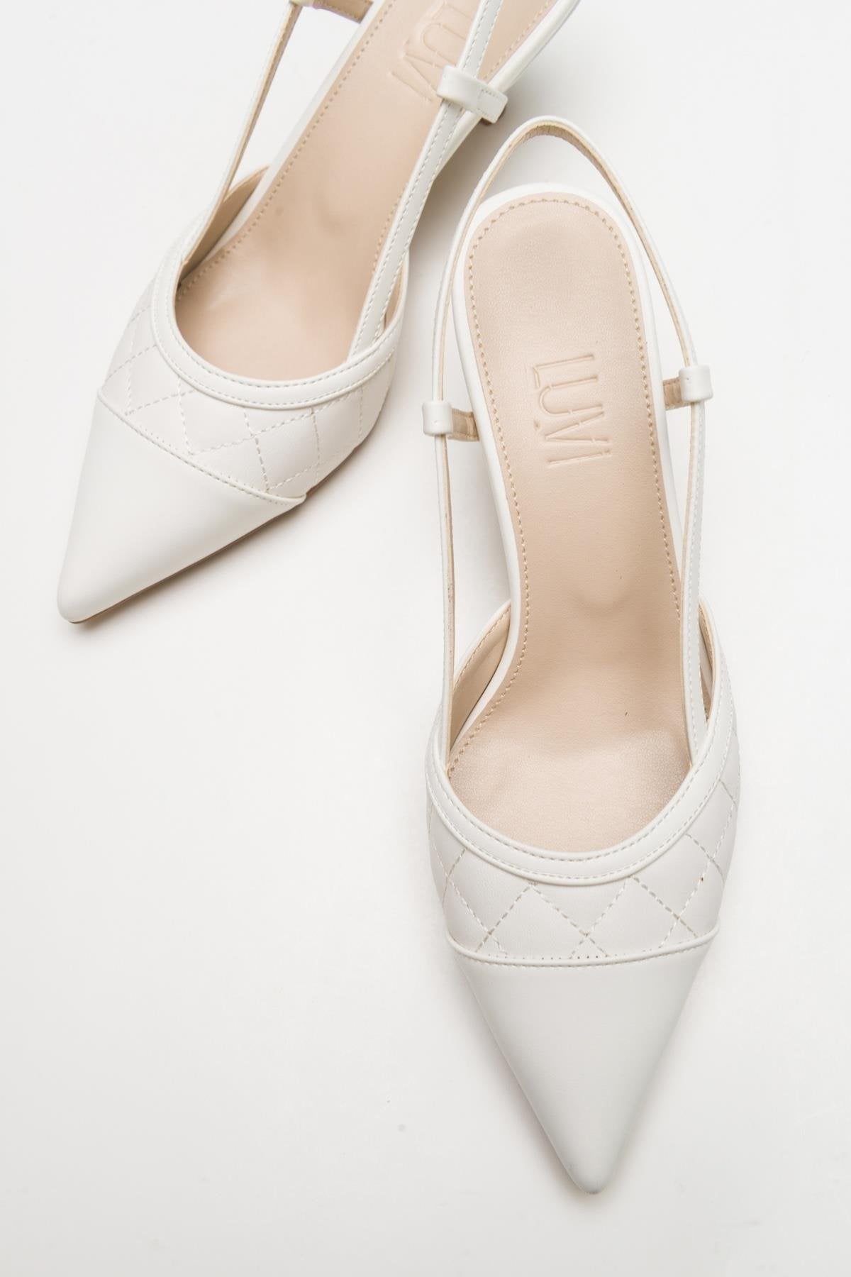 Goodge - White Pointed Toe Backless Kitten Heel Pump – heel view showing leather, white, SimmiUnique