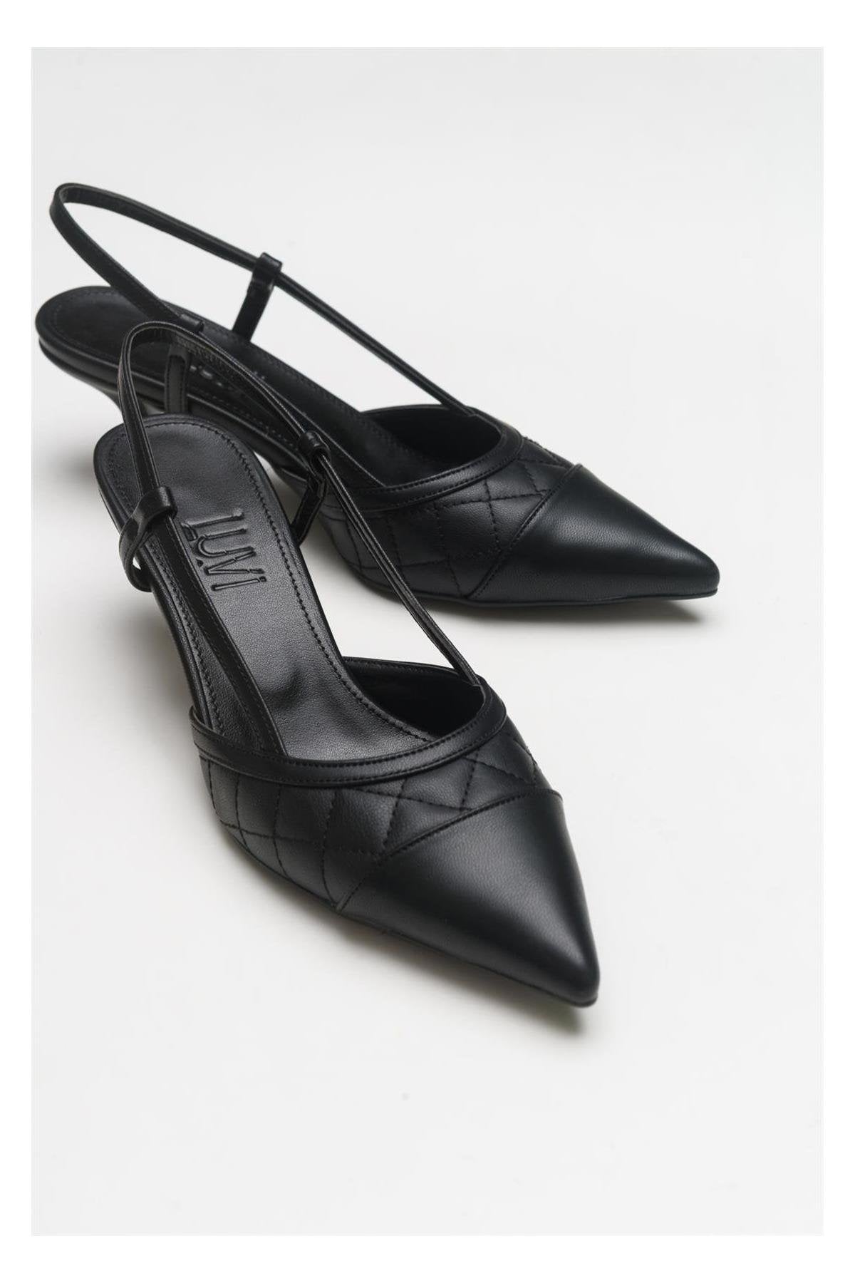 Goodge - Black Pointed Toe Backless Heeled Pump – detail view showing leather, black, SimmiUnique