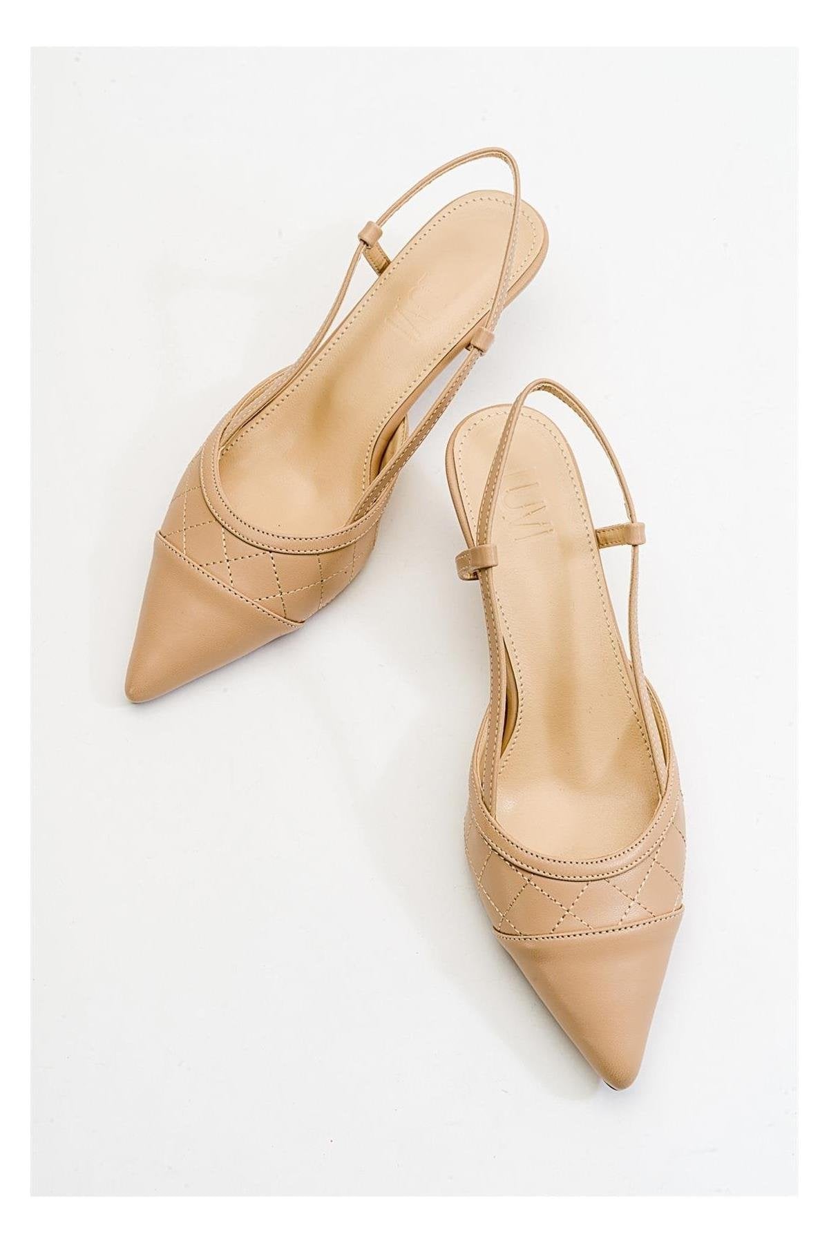 Goodge - Nude Pointed Toe Backless Heeled Pump – heel view showing leather, nude, SimmiUnique