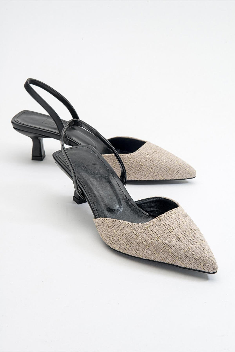 Over - Black Beige Tweed Pointed Toe Low Heel Shoe