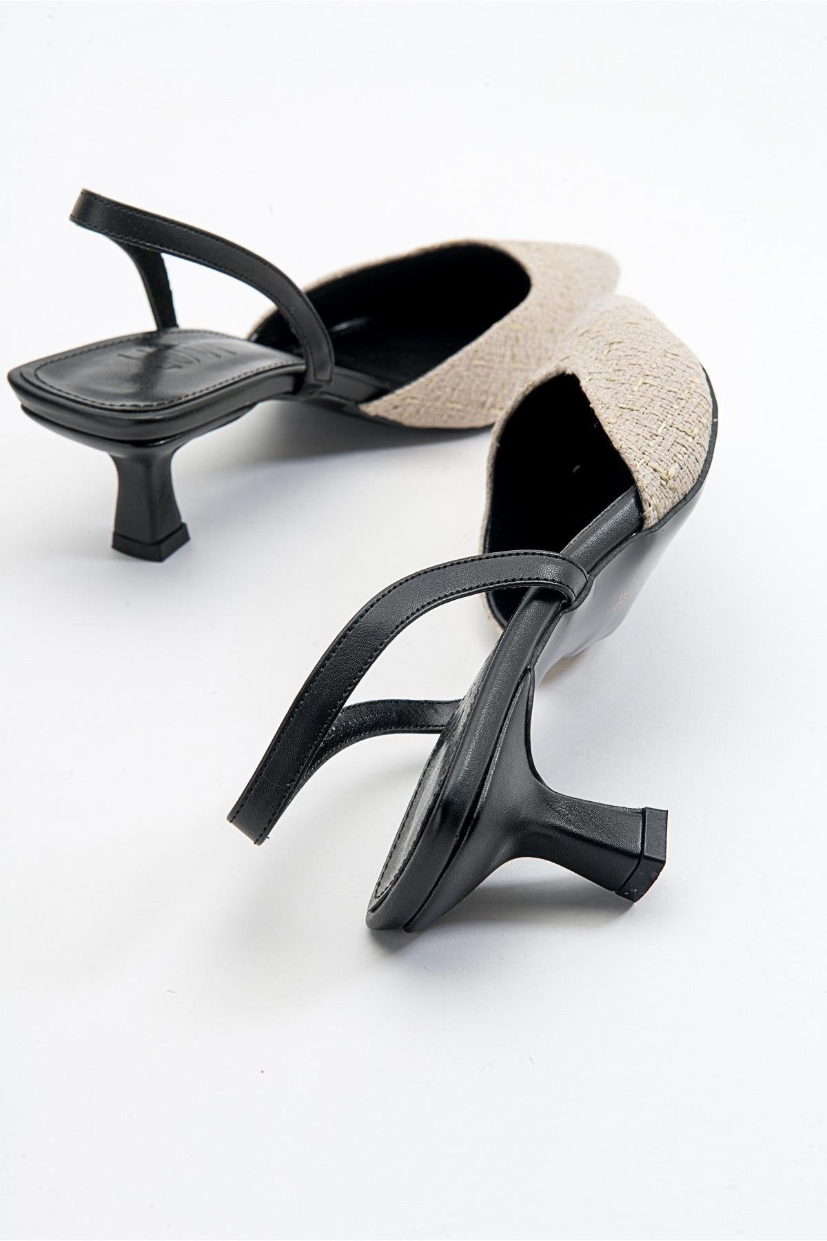 Over - Black Beige Tweed Pointed Toe Low Heel Shoe – side view showing leather, black, red, SimmiUnique