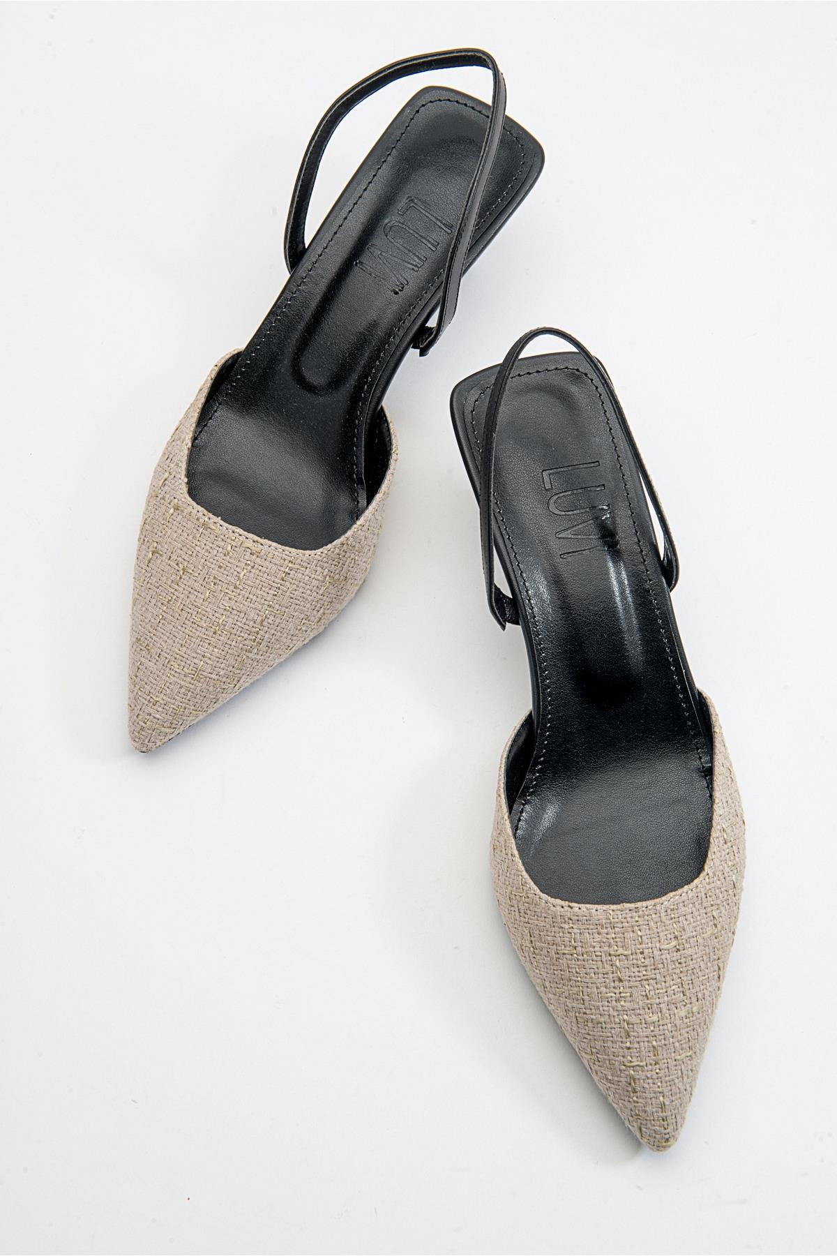 Over - Black Beige Tweed Pointed Toe Low Heel Shoe – heel view showing leather, black, red, SimmiUnique