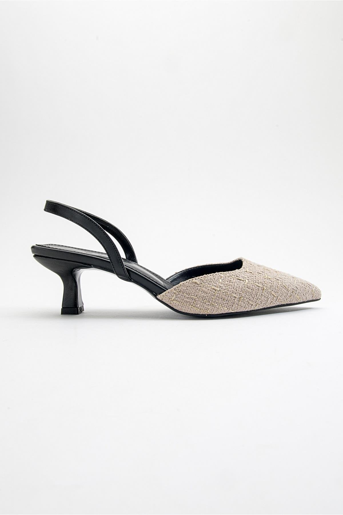 Over - Black Beige Tweed Pointed Toe Low Heel Shoe – top view showing leather, black, red, SimmiUnique