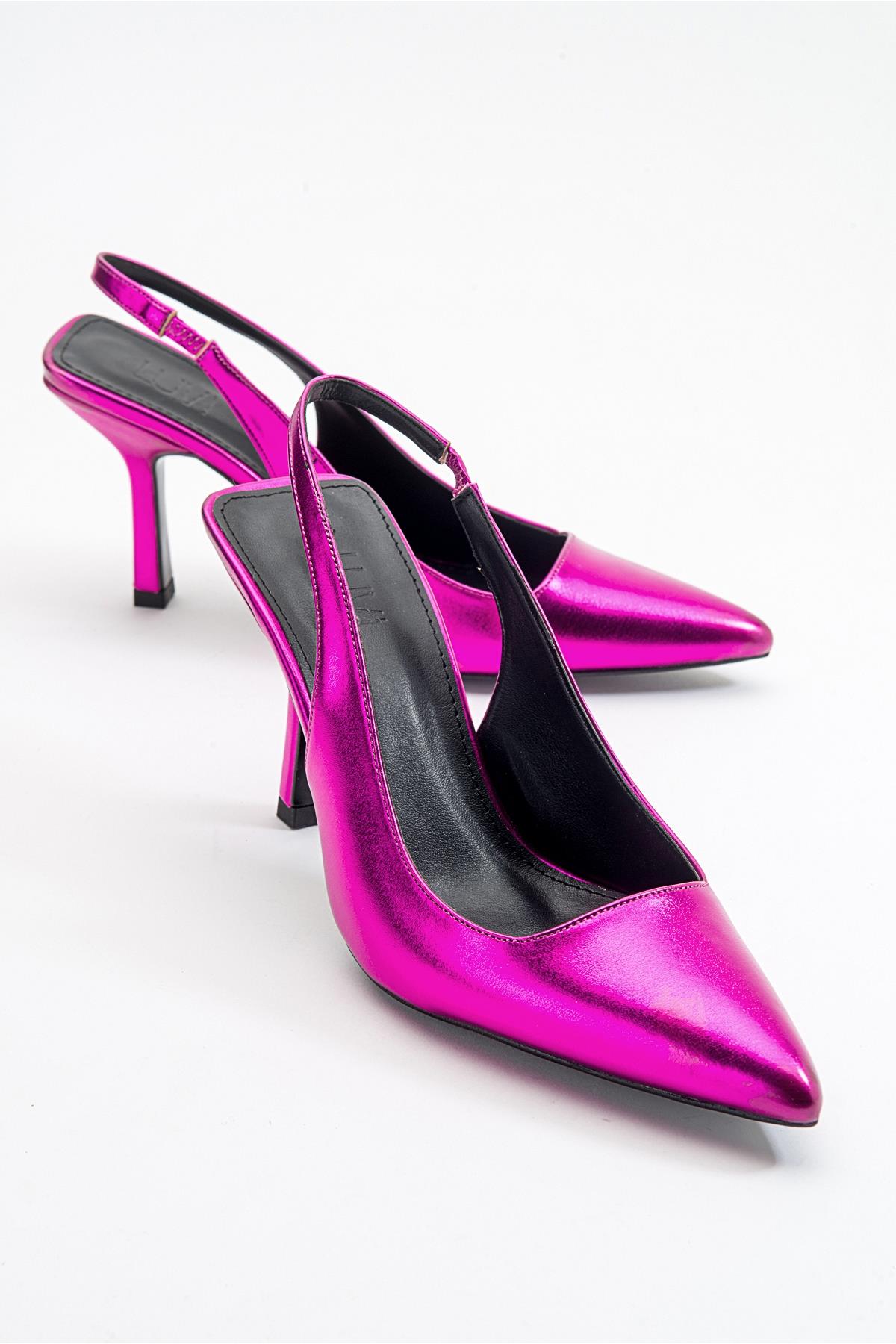 Ferry - Fuchsia Metallic Heeled Shoe – front three-quarter view showing leather, metallic, SimmiUnique