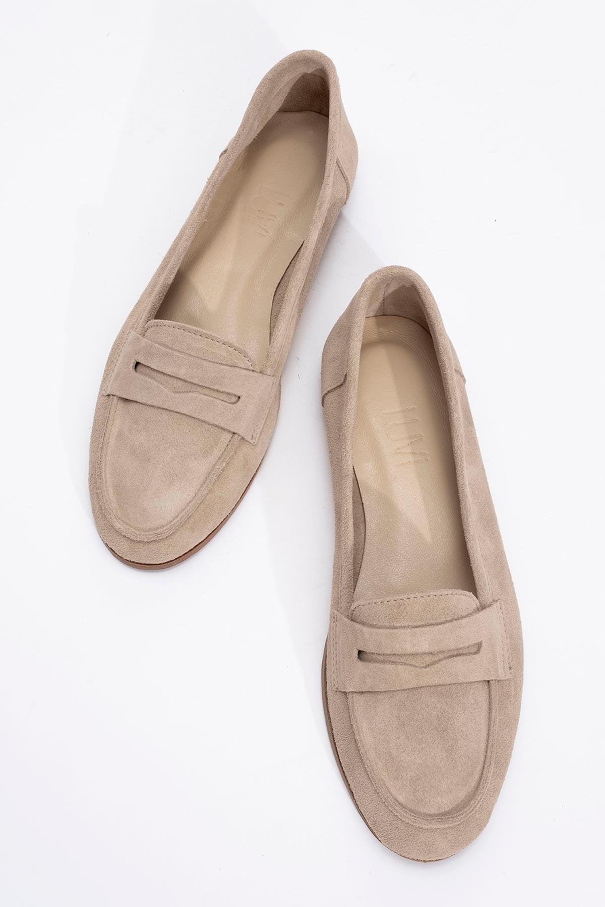 Tory - Beige Suede Genuine Leather Loafer Shoe – side view showing leather, suede, SimmiUnique