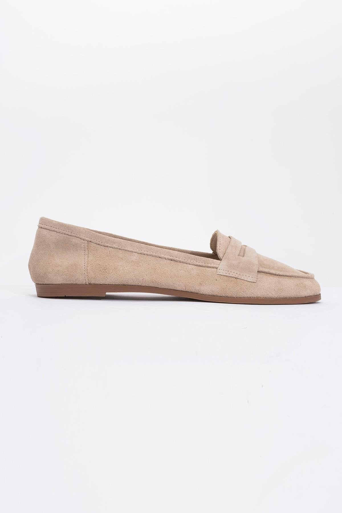 Tory - Beige Suede Genuine Leather Loafer Shoe – heel view showing leather, suede, SimmiUnique