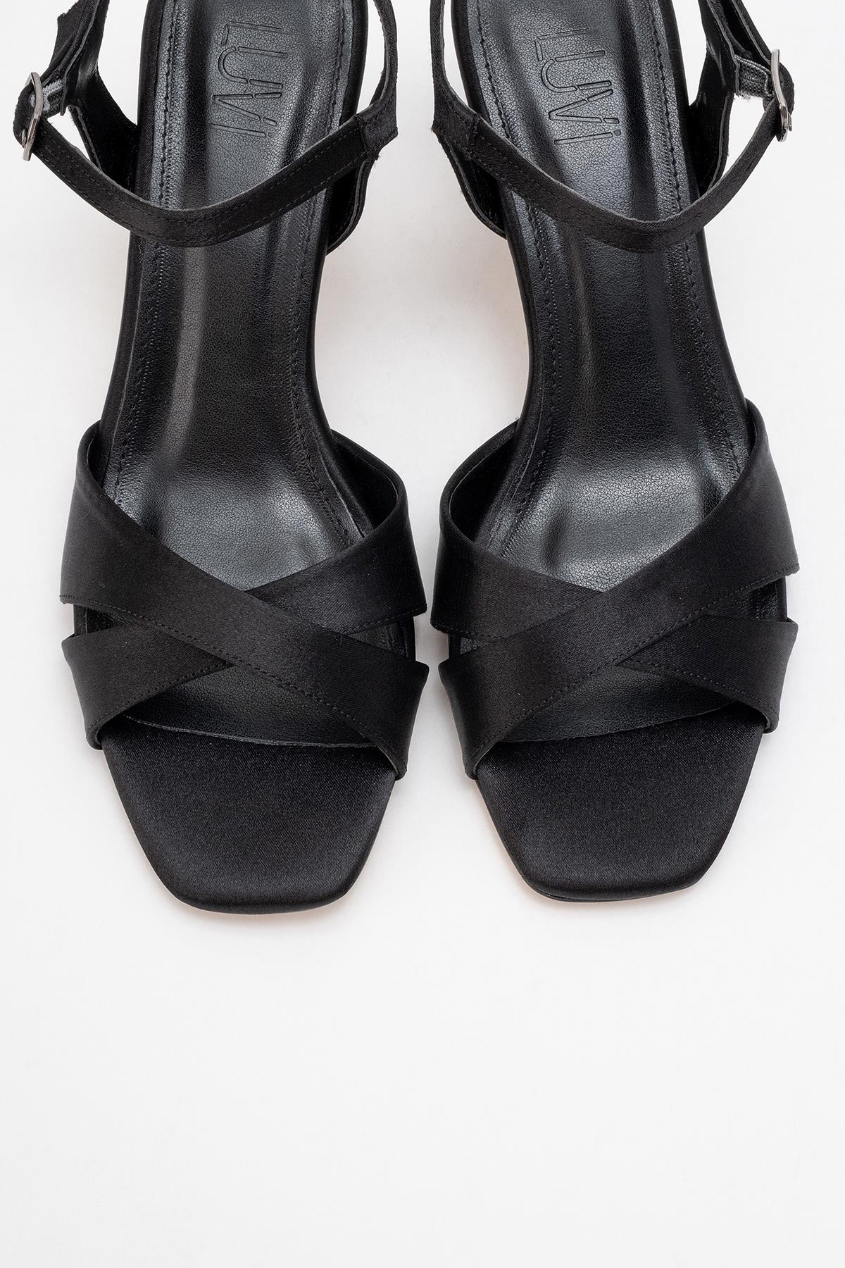 Melin - Black Satin Cross Strap High Heel – side view showing satin, leather, black, SimmiUnique