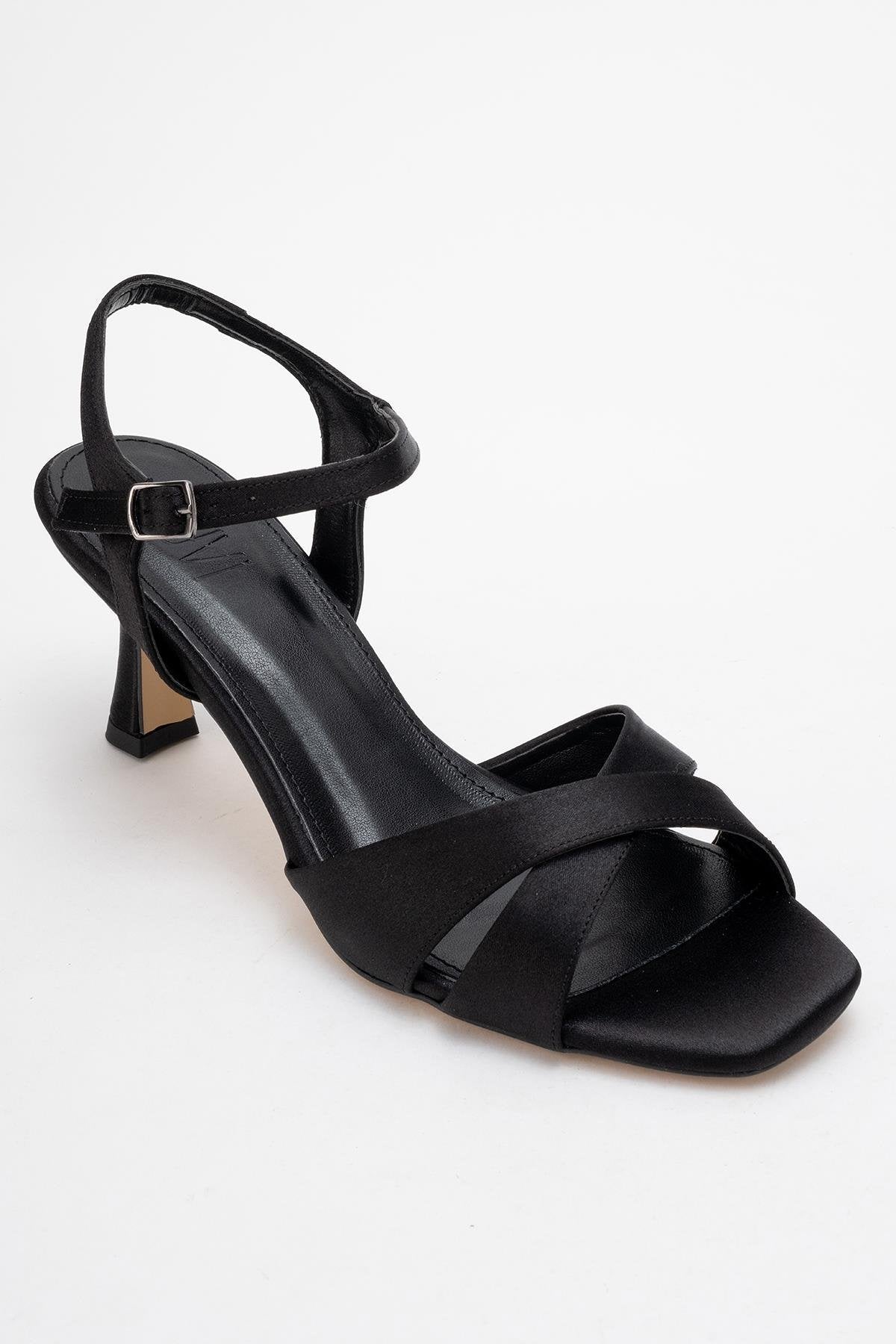 Melin - Black Satin Cross Strap High Heel – detail view showing satin, leather, black, SimmiUnique