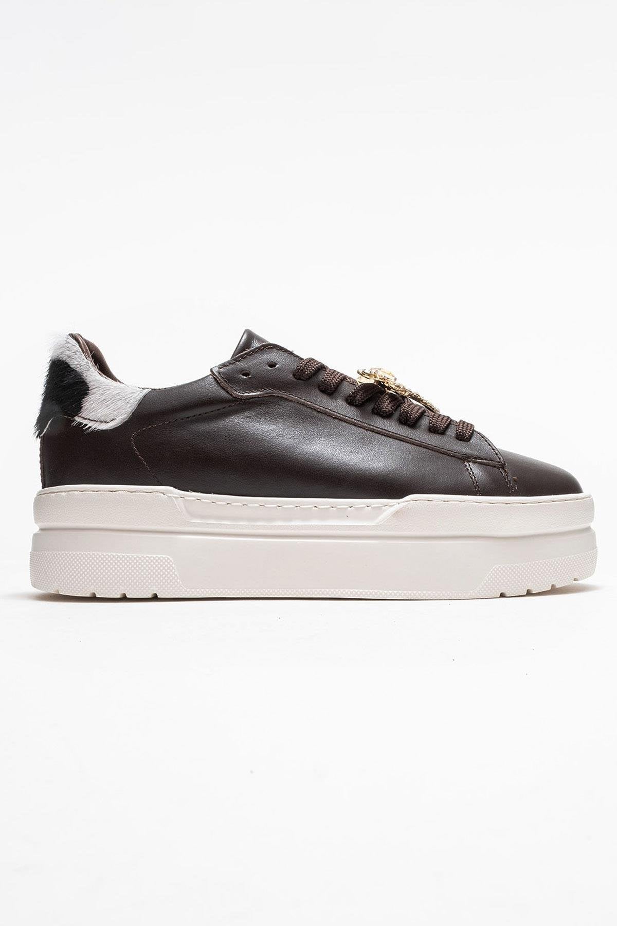 Laren - Brown Genuine Leather Buckle Casual Sneaker – top view showing leather, SimmiUnique
