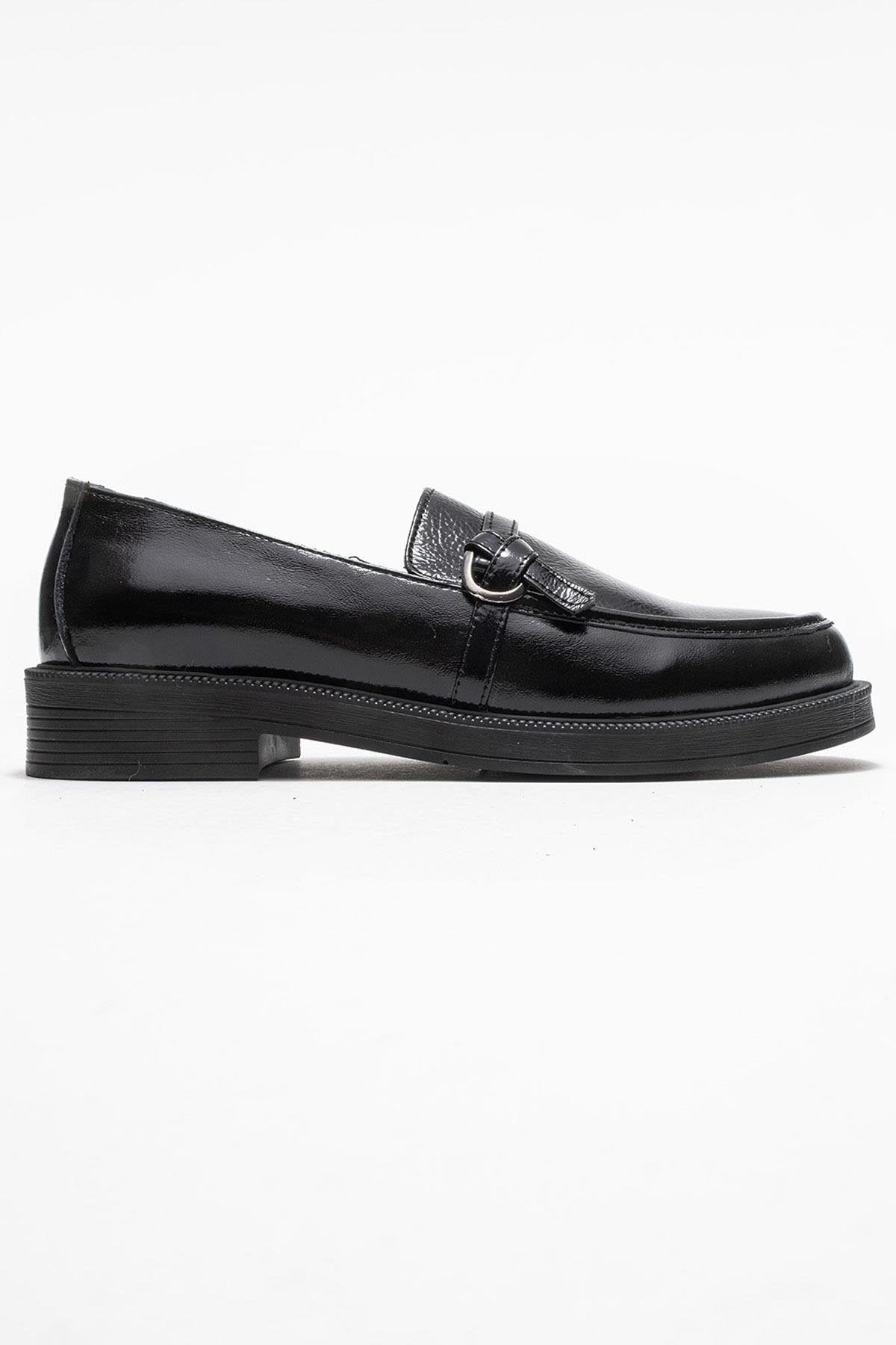 Galea - Black Patent Buckled Genuine Leather Loafer – top view showing leather, black, SimmiUnique
