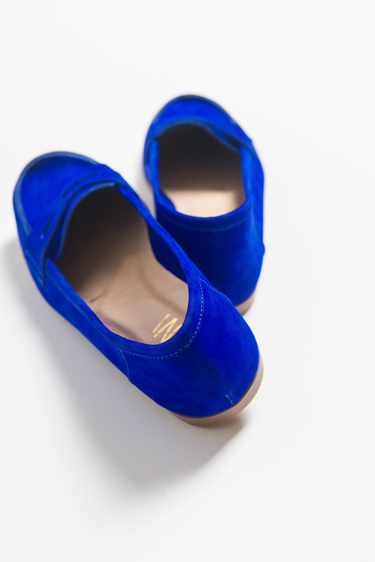 Dorothy - Dark Blue Suede Leather Loafers – heel view showing leather, suede, blue, SimmiUnique