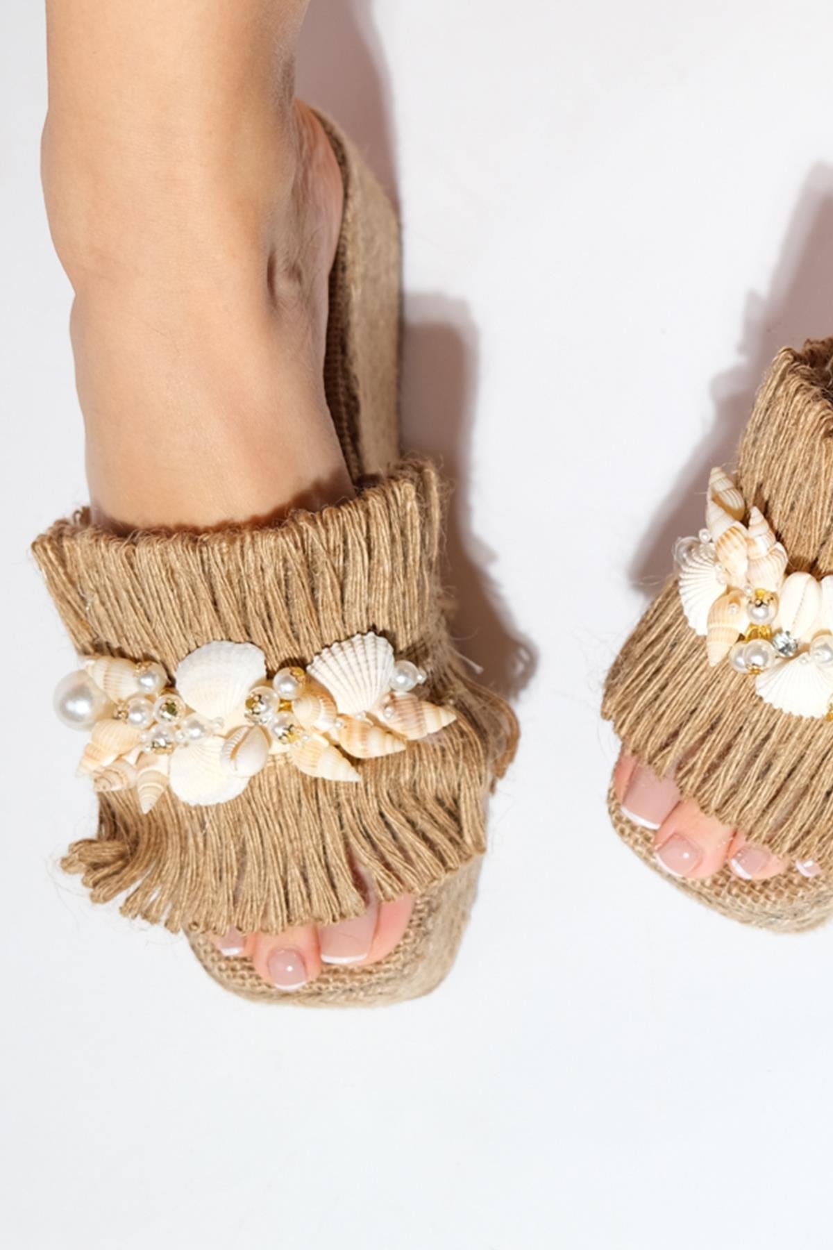 DION Brown Raffia Seashell Wedge Mules – detail view showing leather, SimmiUnique