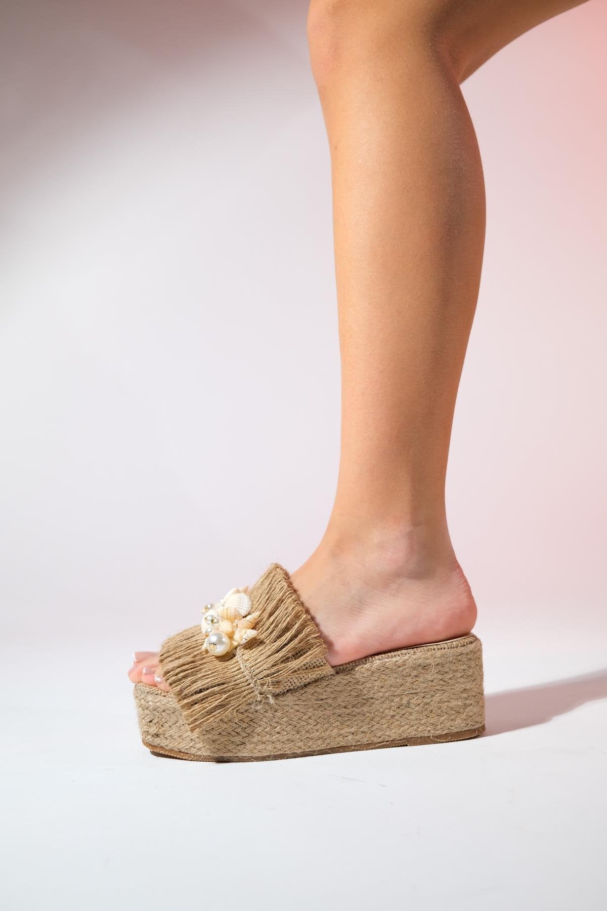 DION Brown Raffia Seashell Wedge Mules – back view showing leather, SimmiUnique
