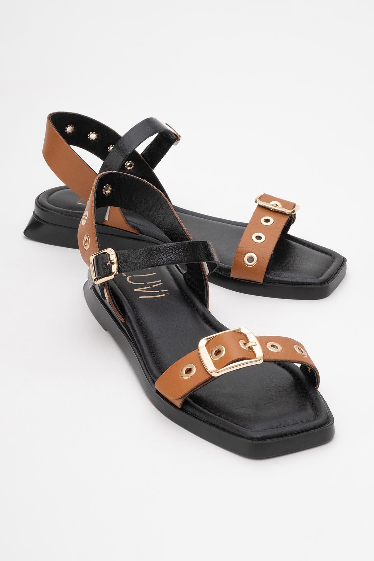 Mozes - Cognac Black Leather Sandal – front three-quarter view showing leather, black, SimmiUnique