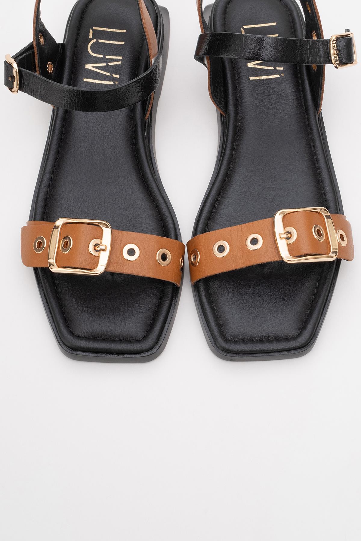 Mozes - Cognac Black Leather Sandal – side view showing leather, black, SimmiUnique