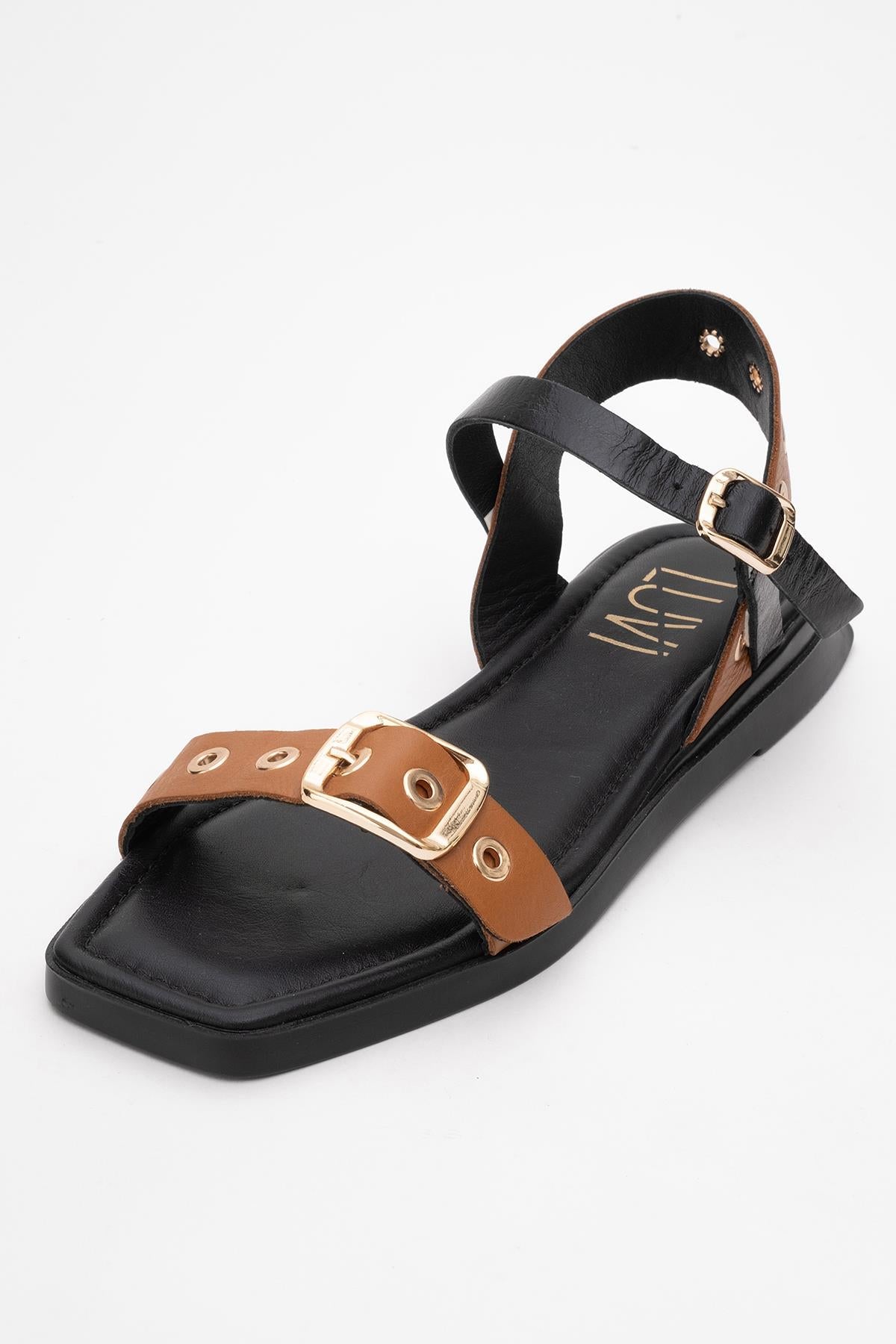 Mozes - Cognac Black Leather Sandal – back view showing leather, black, SimmiUnique