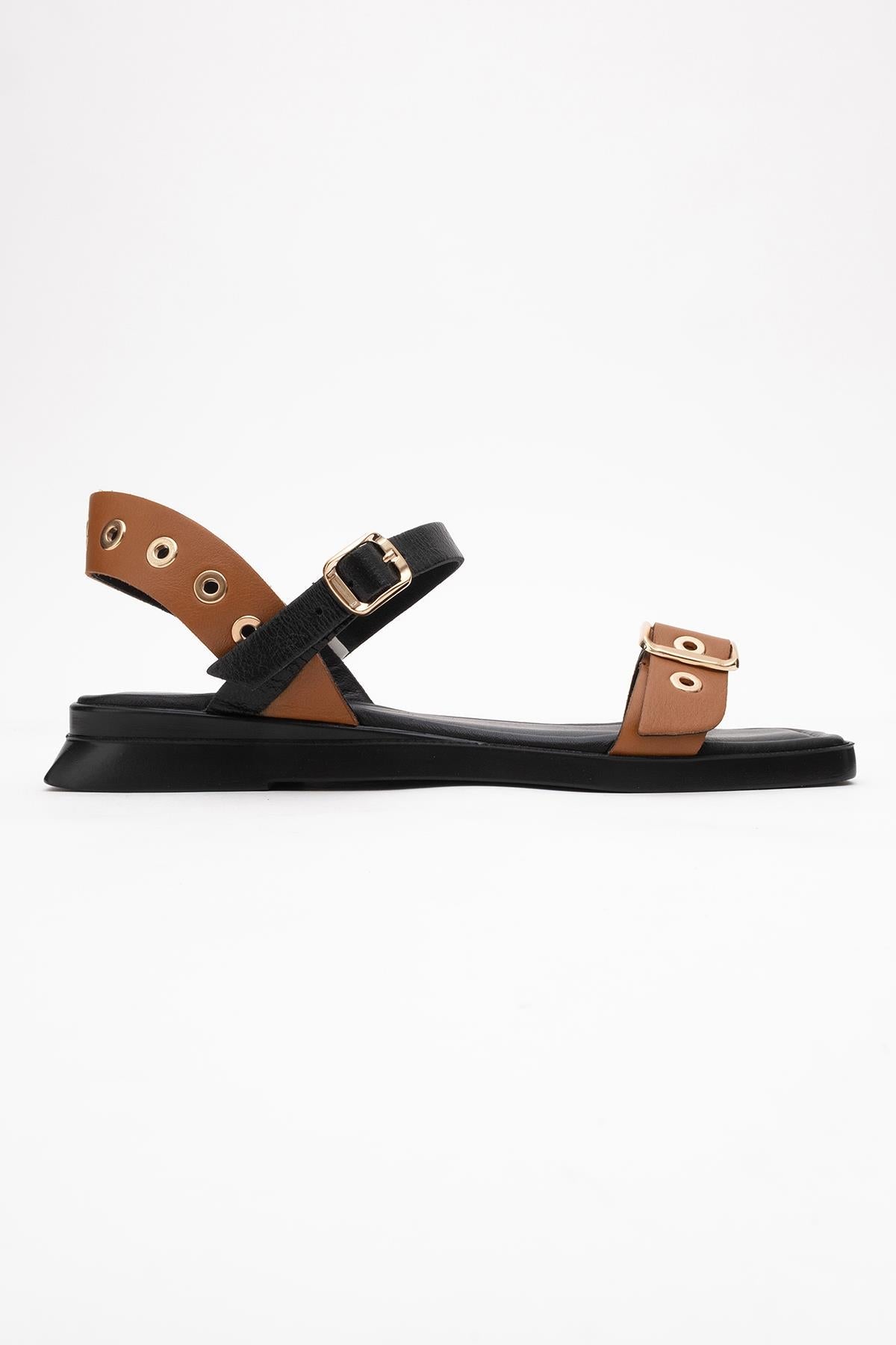 Mozes - Cognac Black Leather Sandal – top view showing leather, black, SimmiUnique