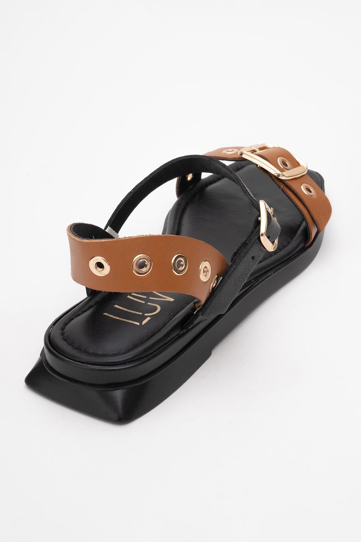Mozes - Cognac Black Leather Sandal – sole view showing leather, black, SimmiUnique