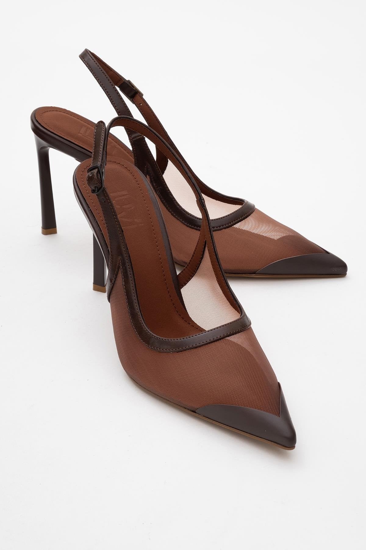Venas - Brown Mesh Slingback High Heel – front three-quarter view showing leather, mesh, SimmiUnique