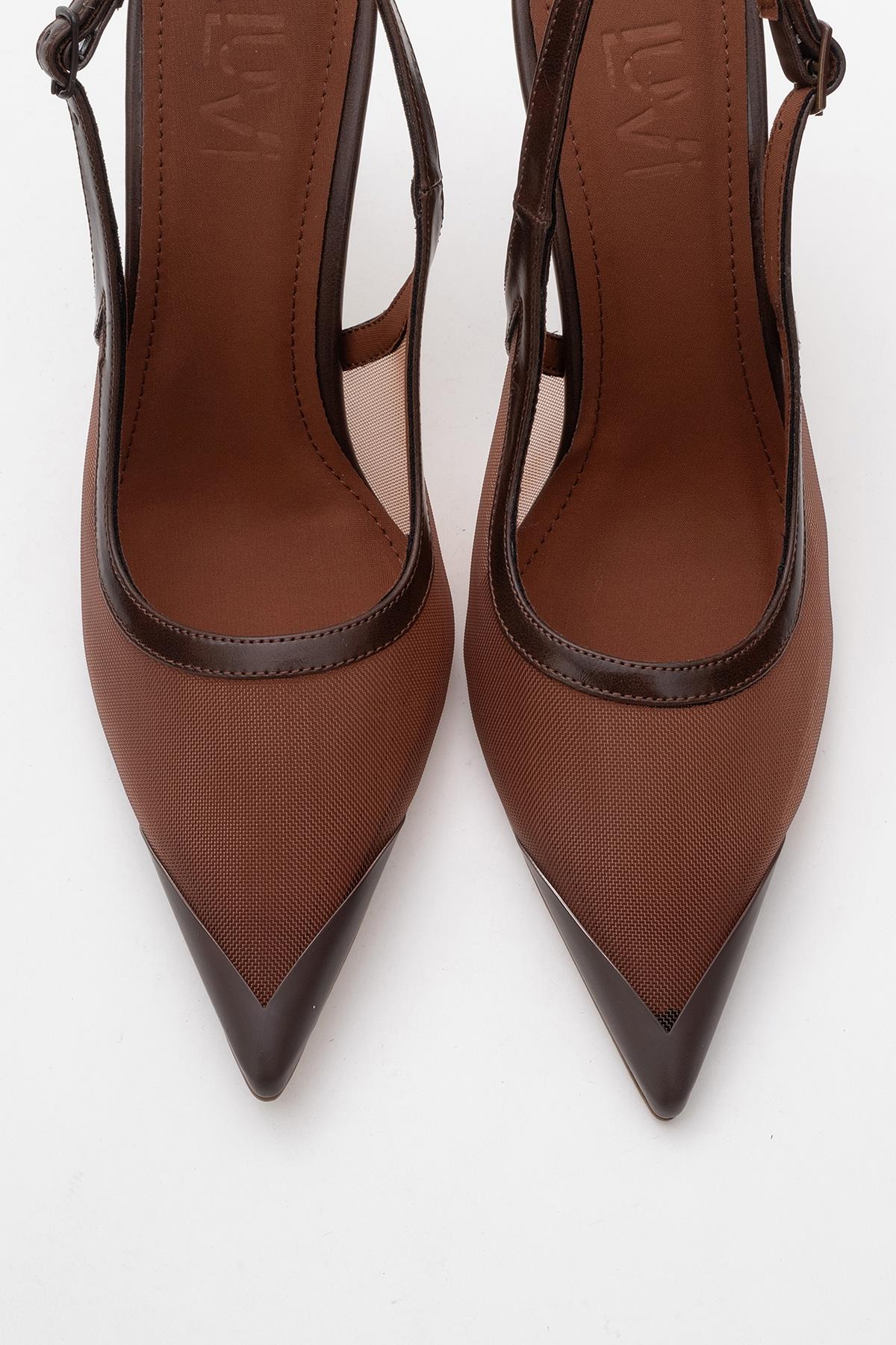 Venas - Brown Mesh Slingback High Heel – side view showing leather, mesh, SimmiUnique