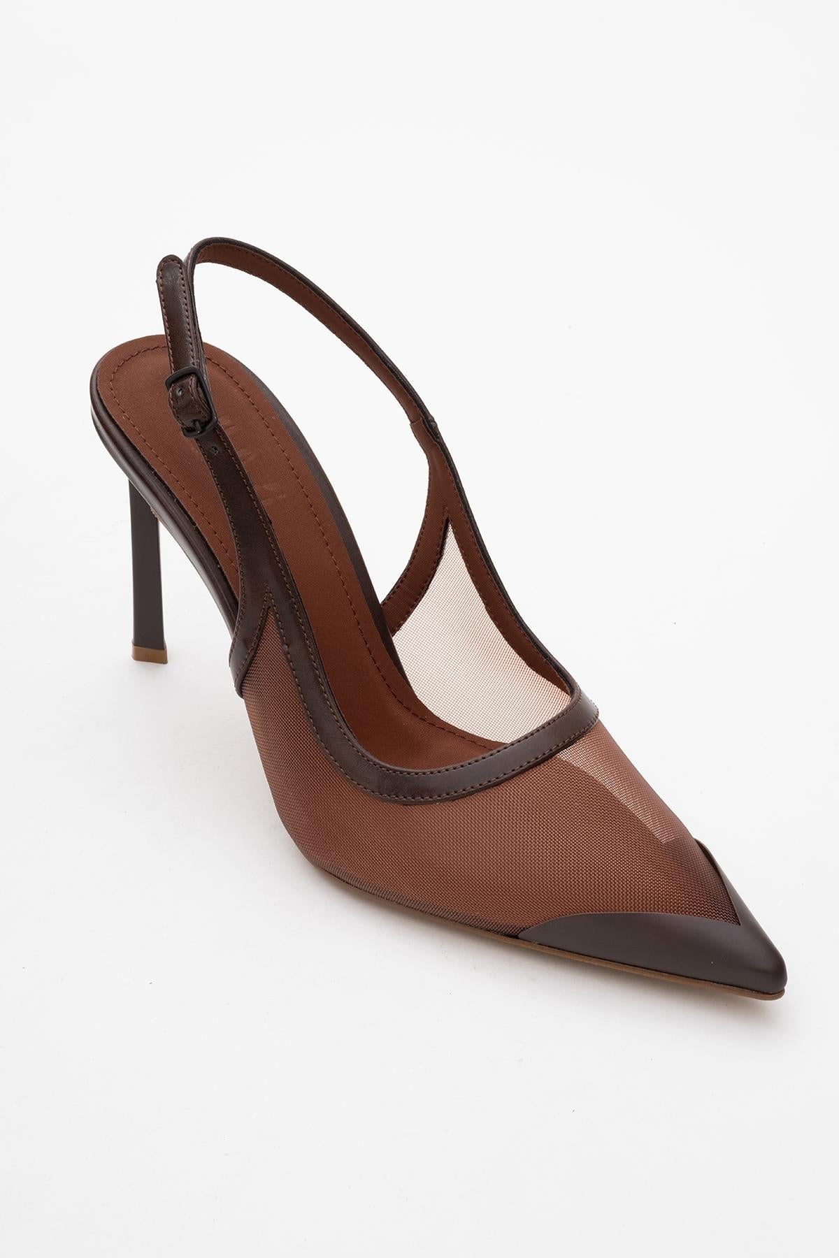 Venas - Brown Mesh Slingback High Heel – detail view showing leather, mesh, SimmiUnique