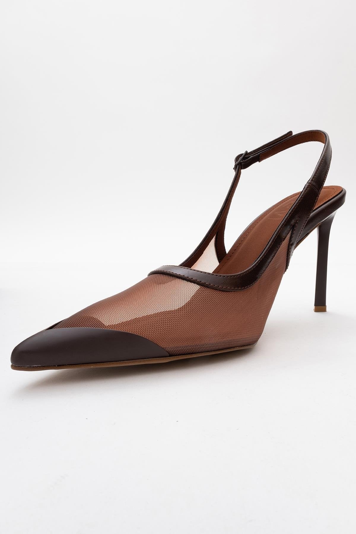 Venas - Brown Mesh Slingback High Heel – heel view showing leather, mesh, SimmiUnique